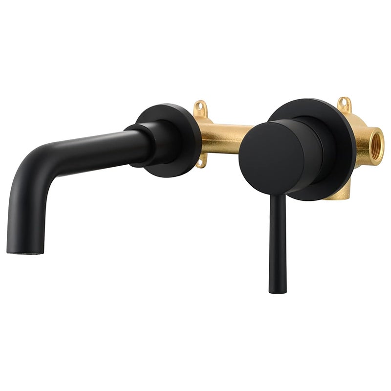 Czarny, 2-otworowy, ścienny kran umywalkowy z mosiądzu z mieszaczem i ciepłą i zimną wodą do łazienki