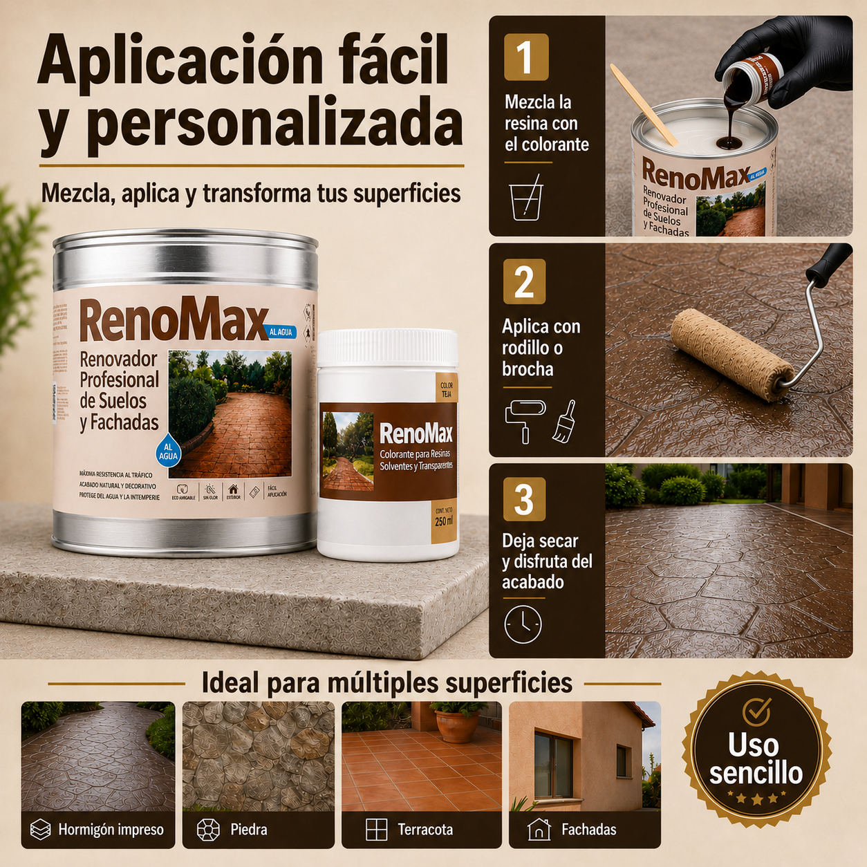 RENOMAX - Resina Hormigon Impreso y Superficies Porosas Al Agua + Tinte Hormigon Impreso Color Cemento, 2L Cubre hasta 20m² | Garantía 5 Años - 3