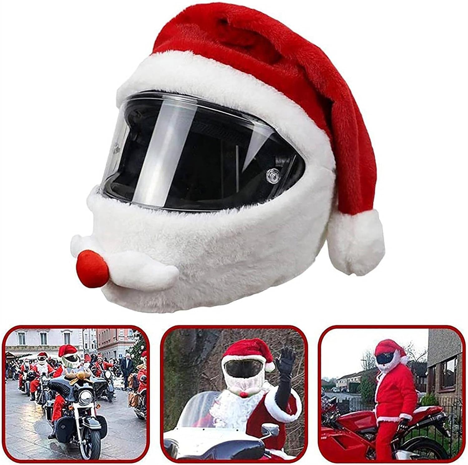 Uniwersalny pluszowy pokrowiec na kask motocyklowy – spersonalizowany czerwony pokrowiec na kask Świętego Mikołaja – prezent świąteczny - 2