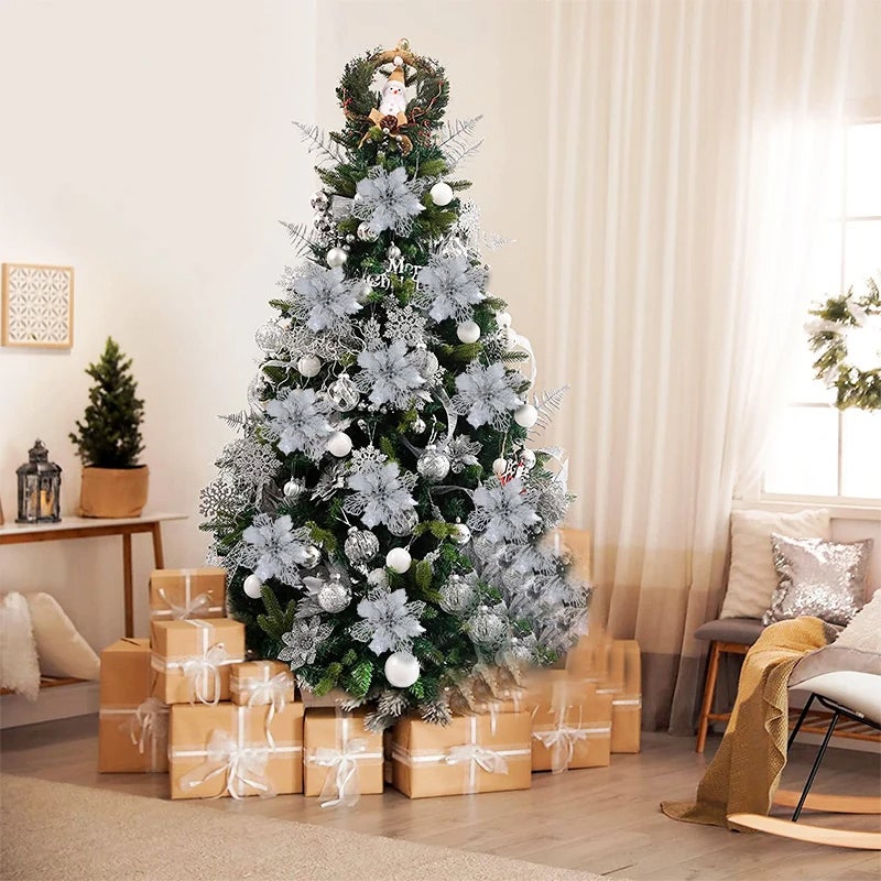 10 Pezzi Di Decorazioni Natalizie, Fiori Artificiali Di Natale Glitterati Con Clip Decorazioni Per L Albero Di Natale Pendenti Con Fiori Di Natale 97350361