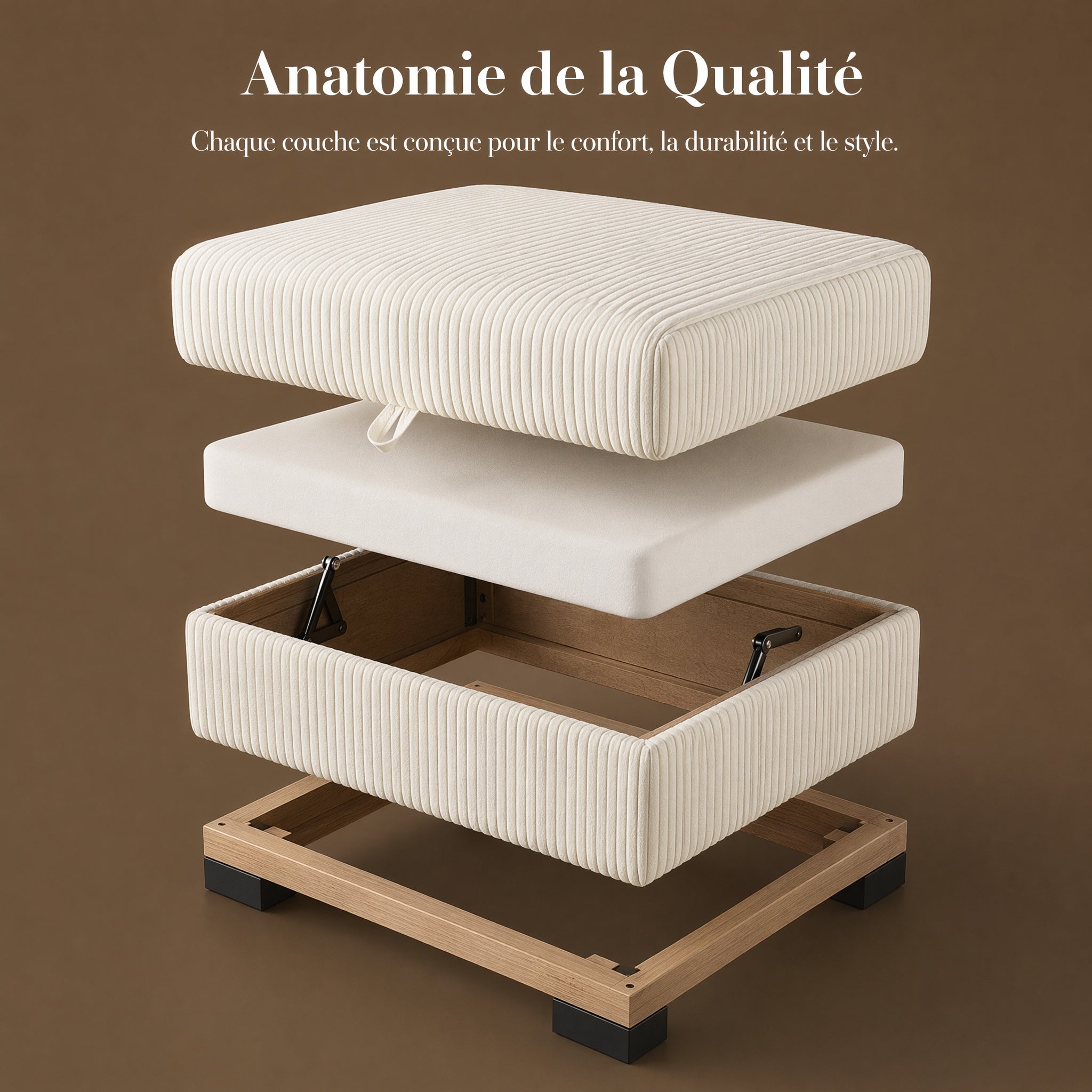 Repose-pieds rectangulaire 88 x 69 x 45 cm - Ottoman de salon modulable - Avec coffre de rangement intégré 88 x 69 x 45 cm - Velours côtelé - Beige - 4