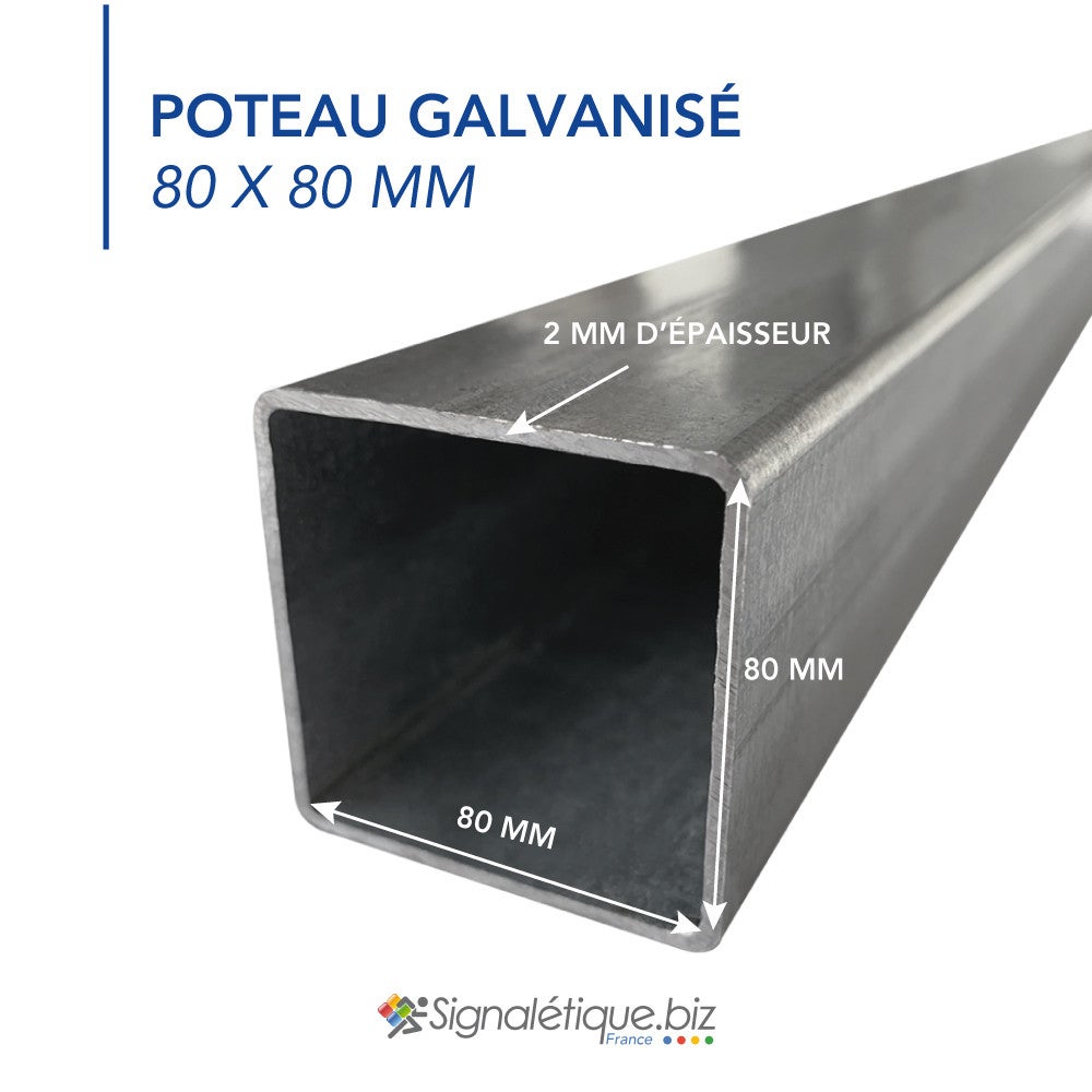 Poteau carré acier galvanisé anti-corrosion H.2 m, 80 x 80 mm (8 x 8 cm) - 3