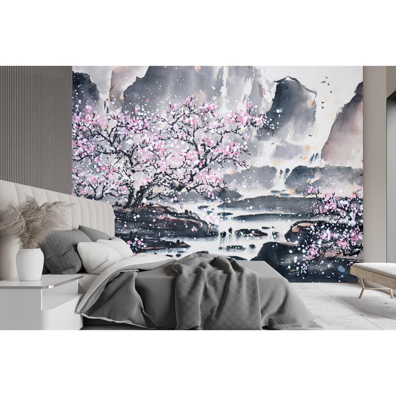 Papier peint fleur de cerisier avec un fond de montagne - 400 x 280 cm - 2