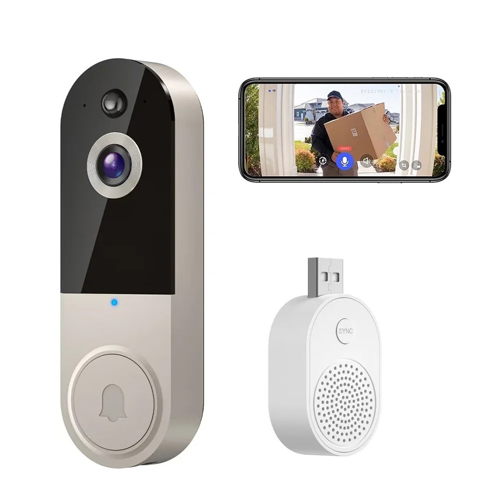 KAMEP Sonnette Vidéo WiFi Avec Carillon, Sonnette Vidéo Intelligente Sans Fil Avec Caméra Alimentée Par Batterie, Détection De Mouvement PIR, HD 1080p, Vision Nocturne, Support Carte SD