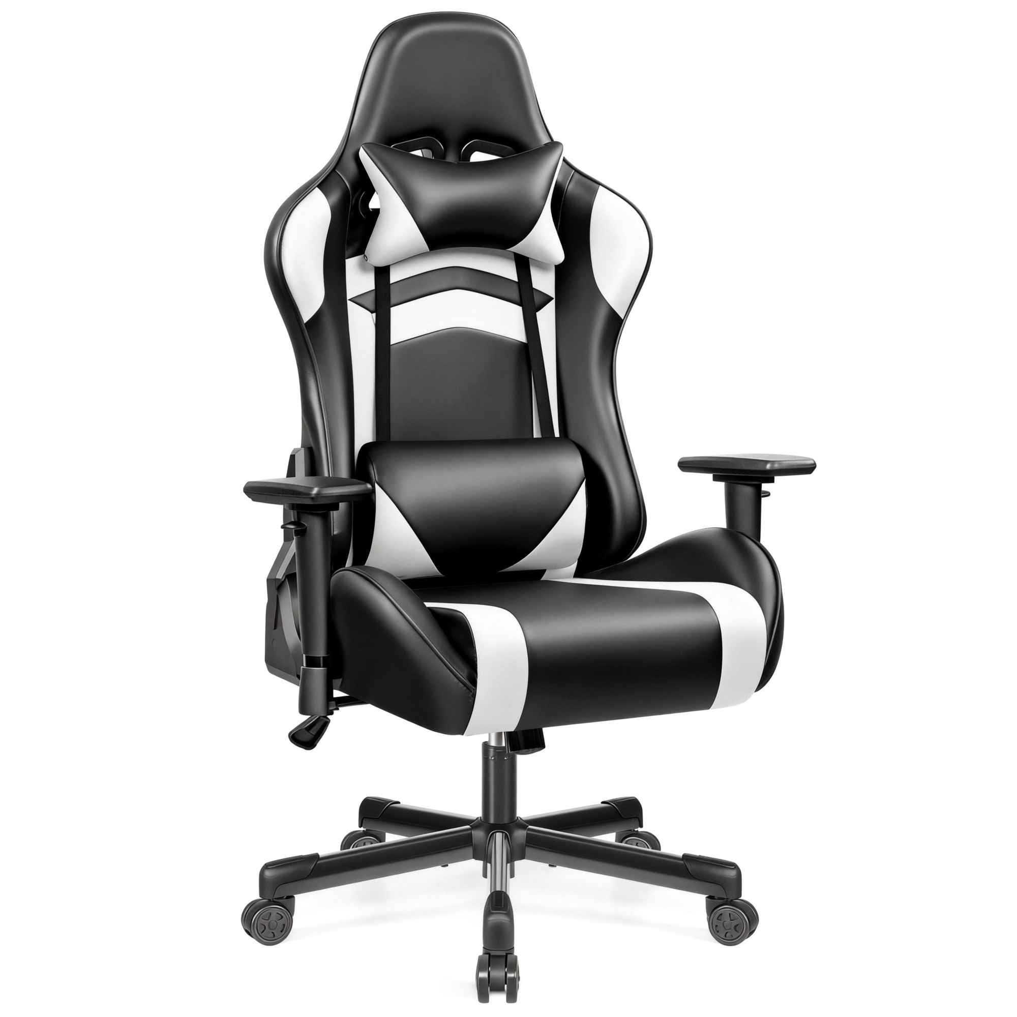 Ergonomiczny fotel gamingowy, czarno-biały, regulowane oparcie 90°-155°, siedzisko sprężynowe, wodoodporna tapicerka poliuretanowa, pełne wsparcie