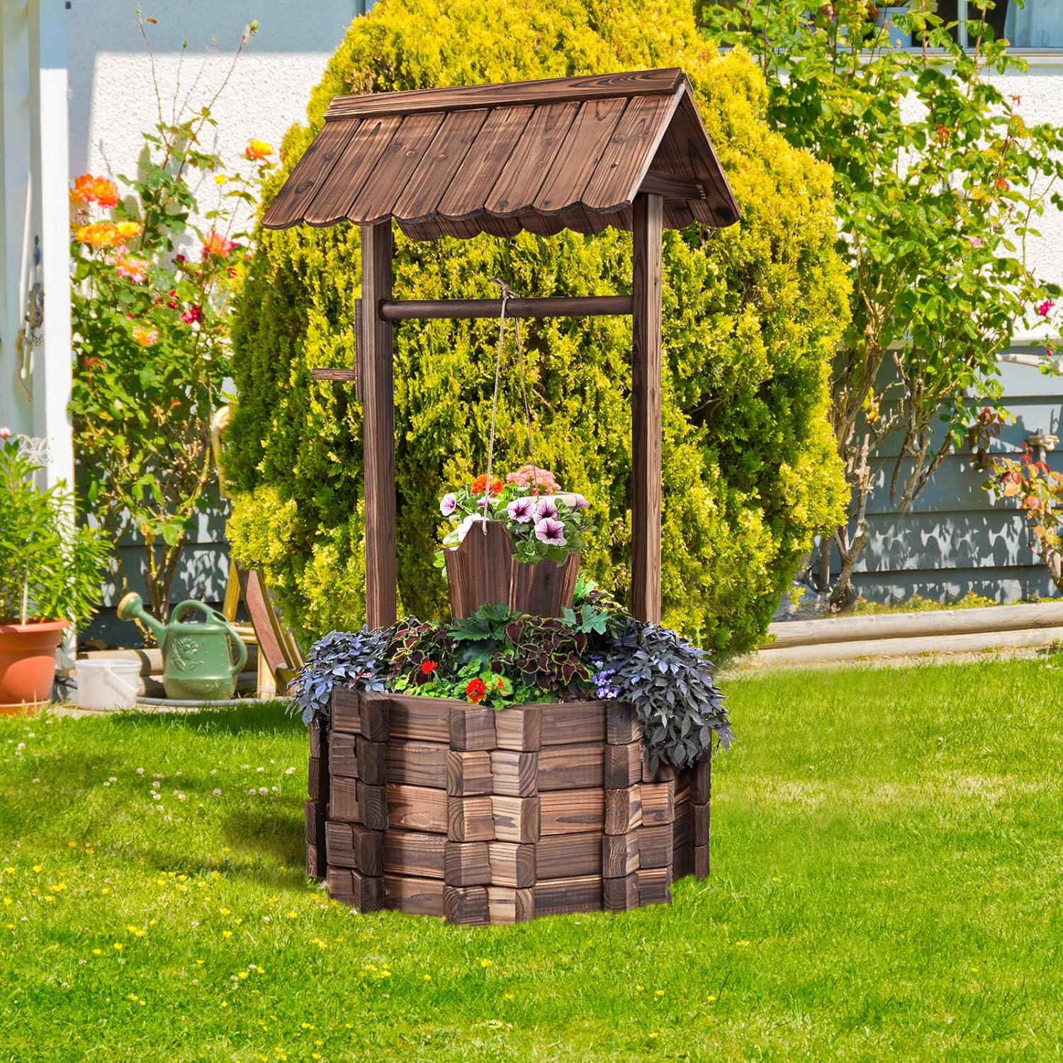 Pozzo Decorativo da Giardino, Fioriera in Legno d'Abete con Pozzo, Secchio e Tetto, Resistente alle Intemperie, Effetto Invecchiamento,57 x 57 x 114cm - 4