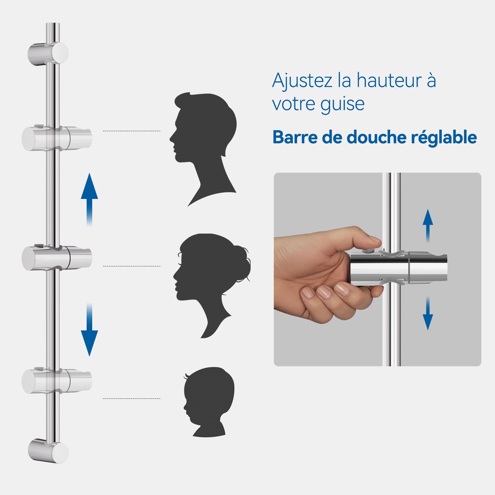 Barre de Douche 71cm en Acier Inoxydable,Barre de Douche avec Support Pommeau de Douche et Support de Douche Muraux Réglable Variables,Chromé - 7