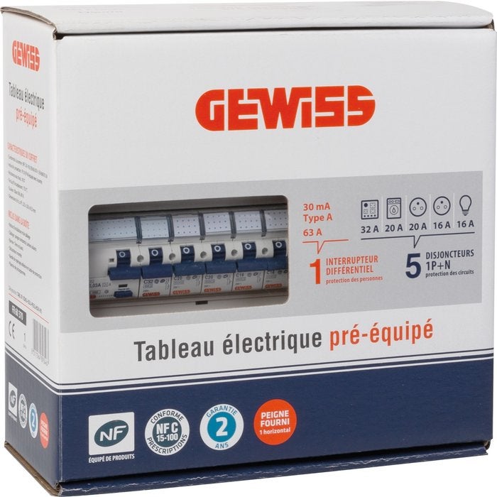 Tableau électrique prééquipé 1 rangée – 13 modules – 1 différentiel type A + 5 disjoncteurs + peigne - GEWISS - FR60370 - 2