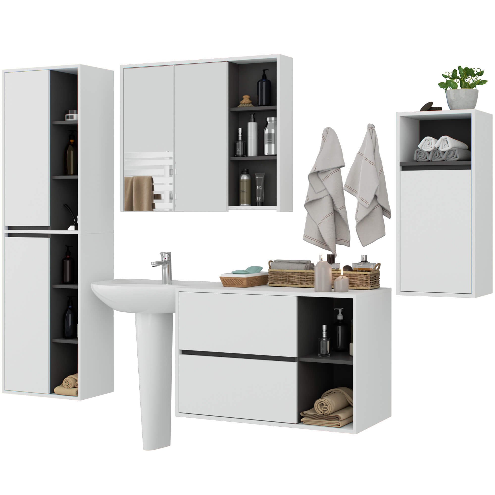 Zestaw łazienkowy, biały/grafitowo-szary, (35+50+90+90) x REGULOWANY x 45,5 cm