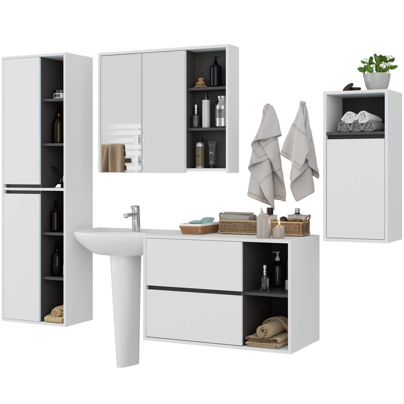 Zestaw łazienkowy, biały/grafitowo-szary, (35+50+90+90) x REGULOWANY x 45,5 cm