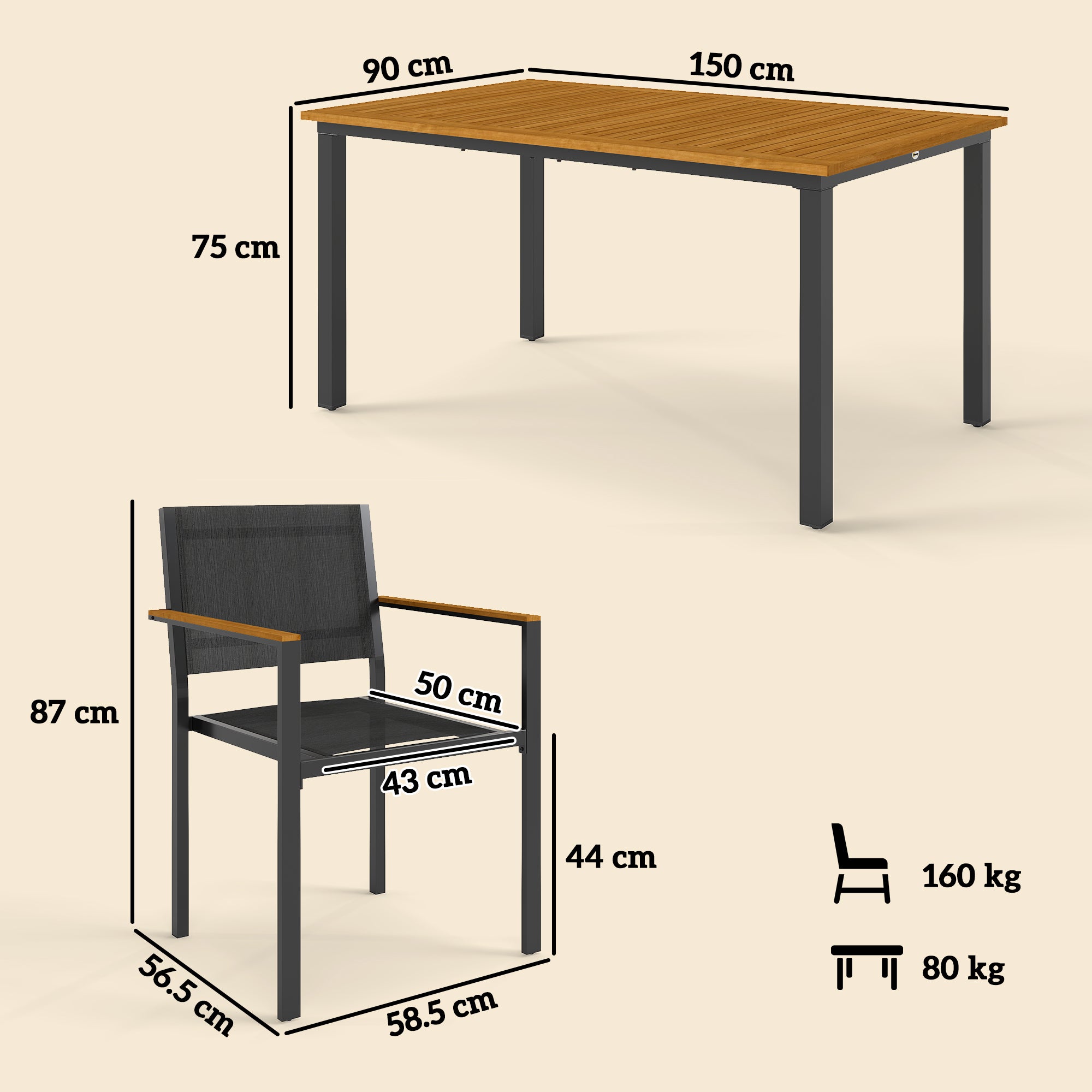 Outsunny Set da Giardino 7 Pezzi con Tavolo da Pranzo e 6 Sedie Impilabili con Braccioli, Teak - 3