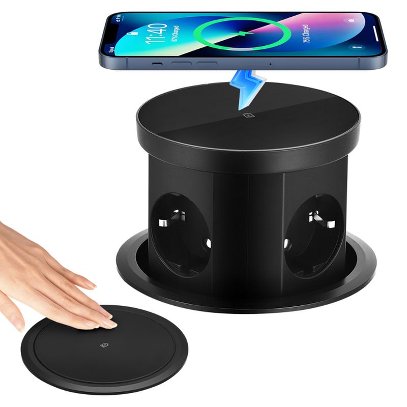 Prise escamotable, 4 compartiments avec 1 USB C 1 USB-A, prise encastrable, avec chargeur sans fil de 15W, bureau, cuisine【Tabletop cutout size: 11cm】 - 7