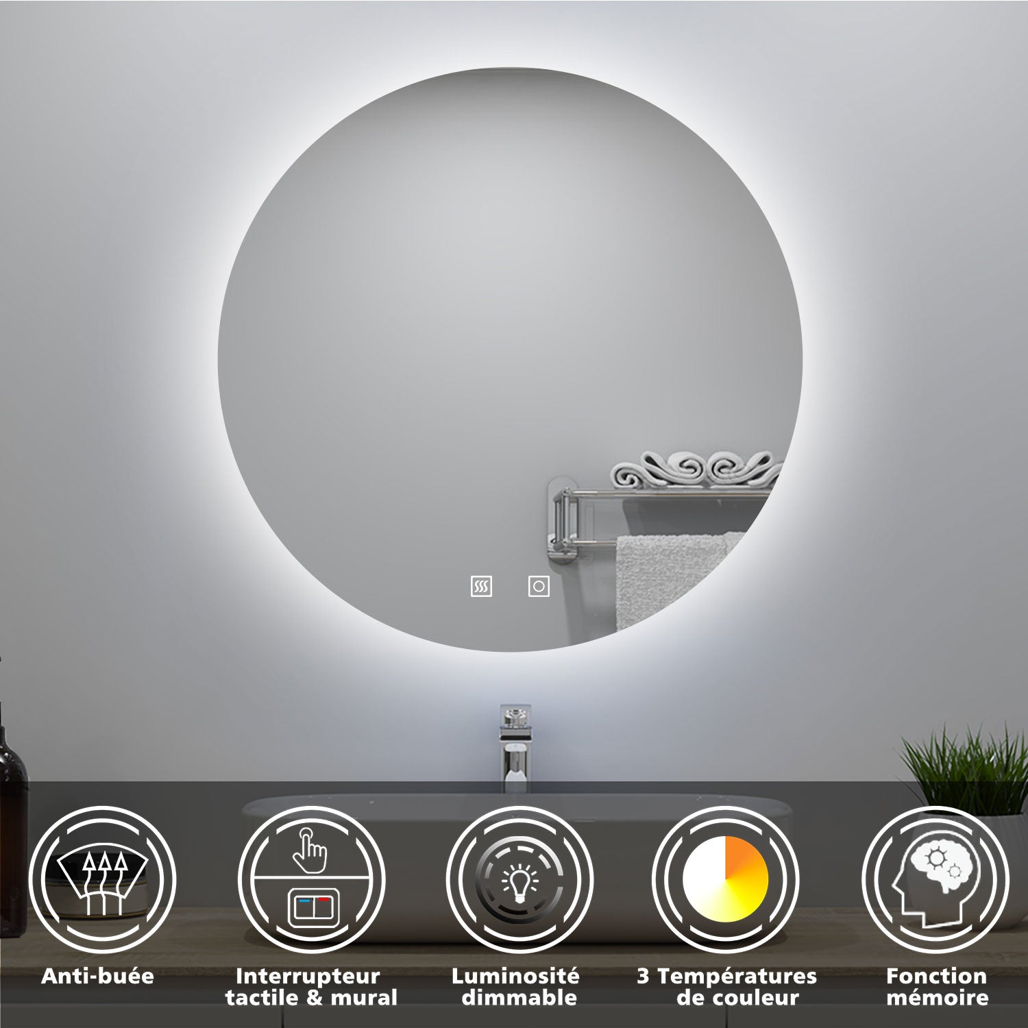 Miroir lumineux rond 80x80cm avec Anti-buée + 3 Couleurs + Dimmable, Mural Miroir salle de bain - 2