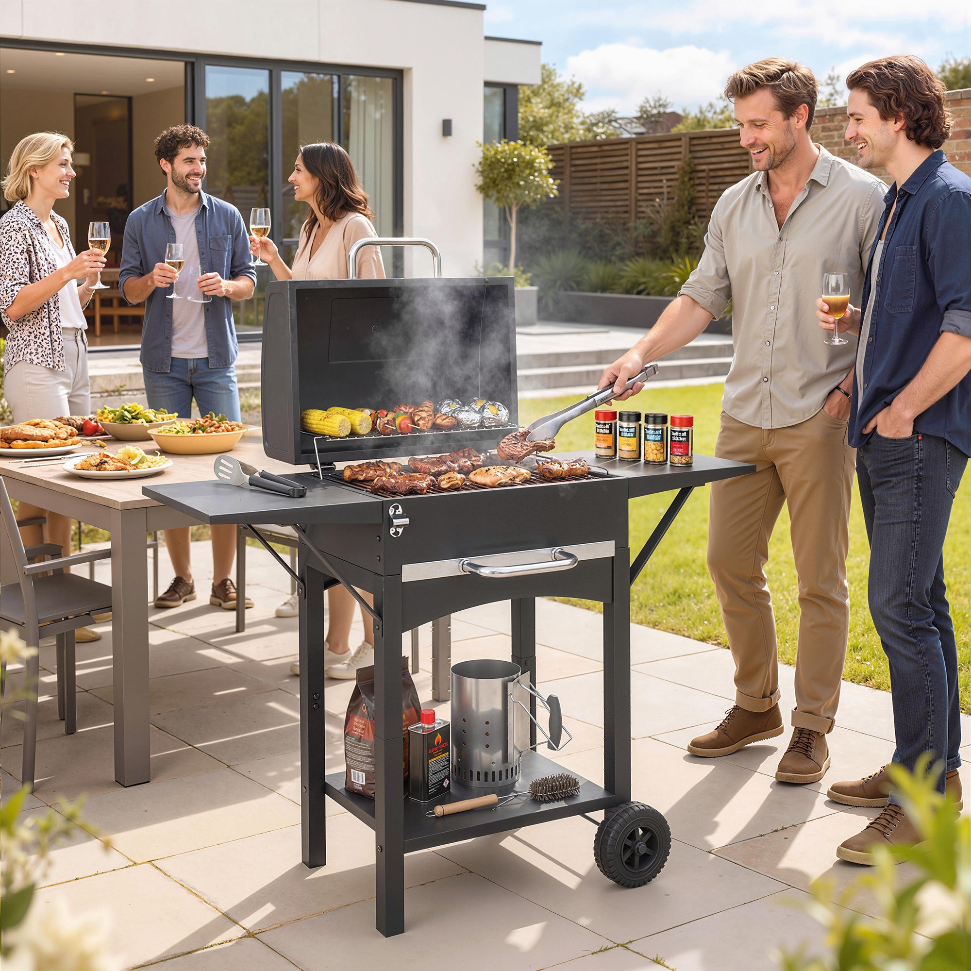 Barbecue à charbon avec couvercle, fumoir avec 2 tablettes latérales, grande surface de cuisson, grille, thermomètre, roulettes - 4