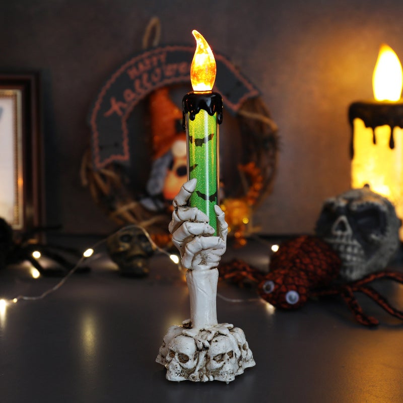 Zestaw 3 lampki świeczki czaszki zielone Halloween, ręka ducha LED bez płomienia, kreatywna dekoracja na przyjęcie, klimat Halloween w domu lub barze