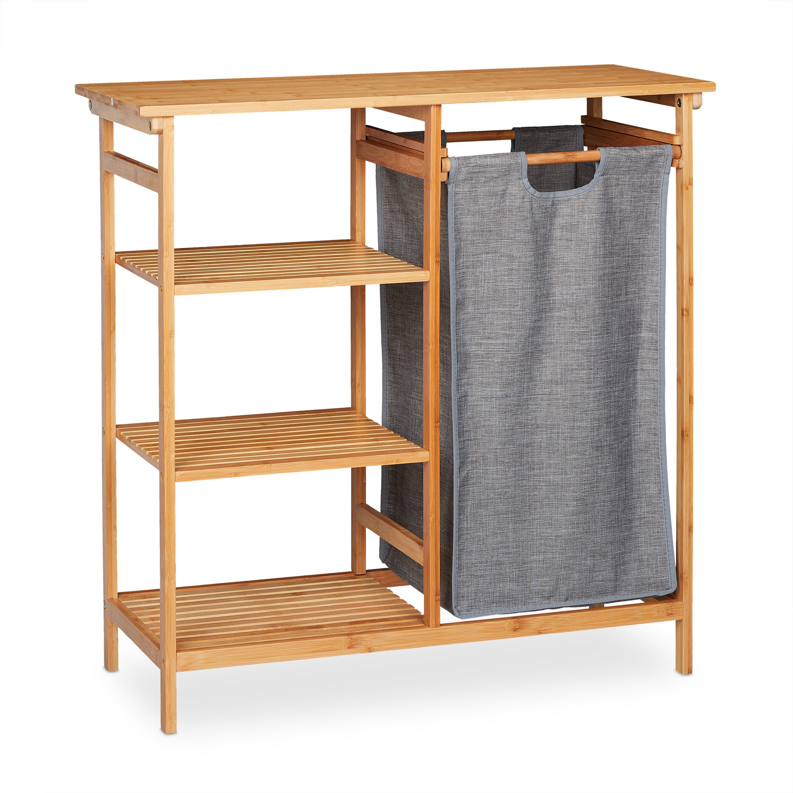 Etagère de salle de bain avec corbeille, bambou, 4 étages, panier amovible, 80,5 x 80 x 33,5 cm, nature/gris, Relaxdays - 9