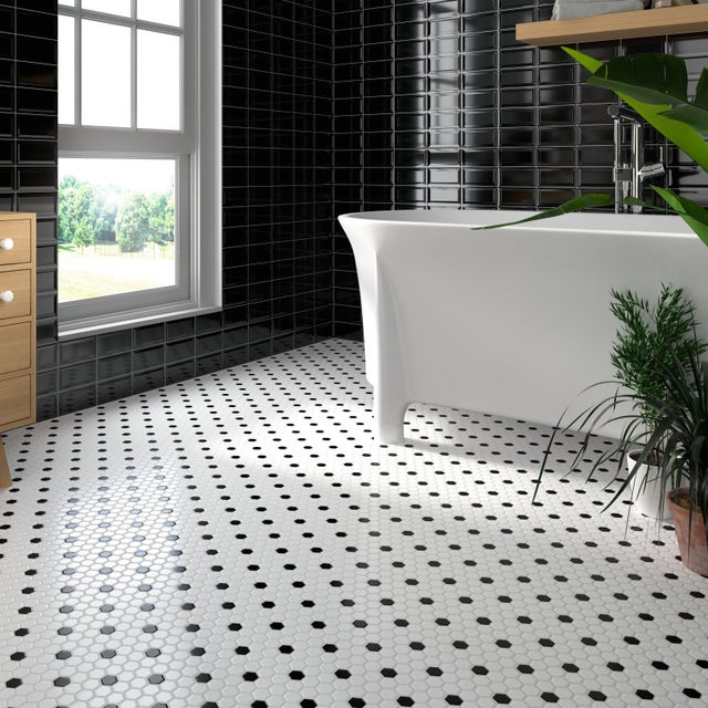 Mosaico esagonale su rete in gres porcellanato per bagno o cucine. Abott 26x30cm