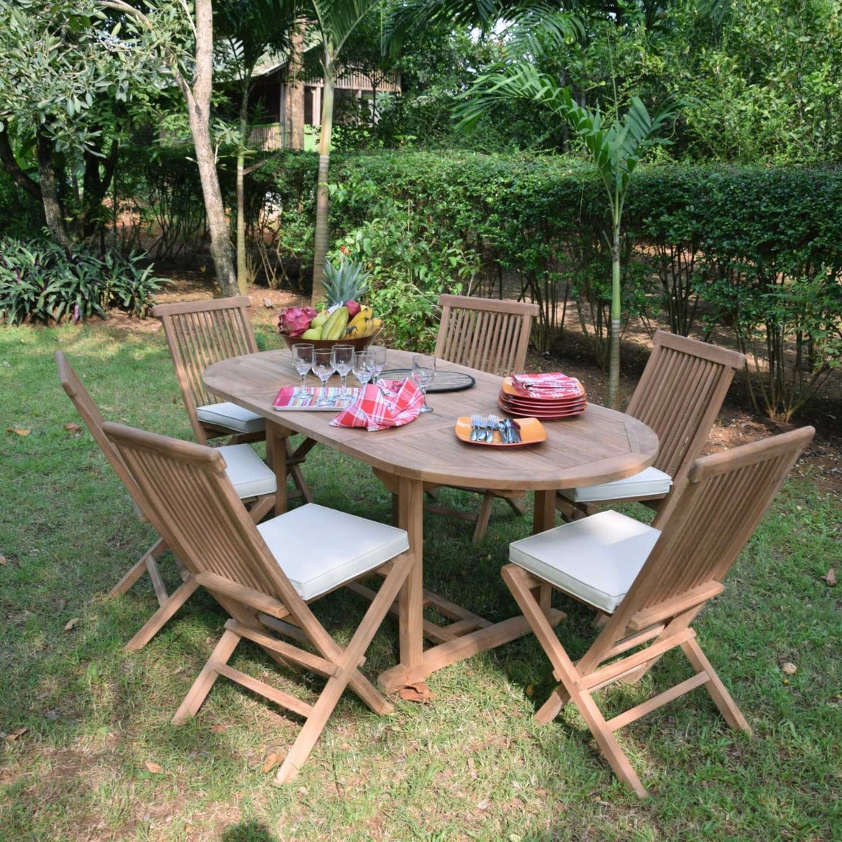 Table de jardin extensible ovale en Teck Marron 8 places - 7