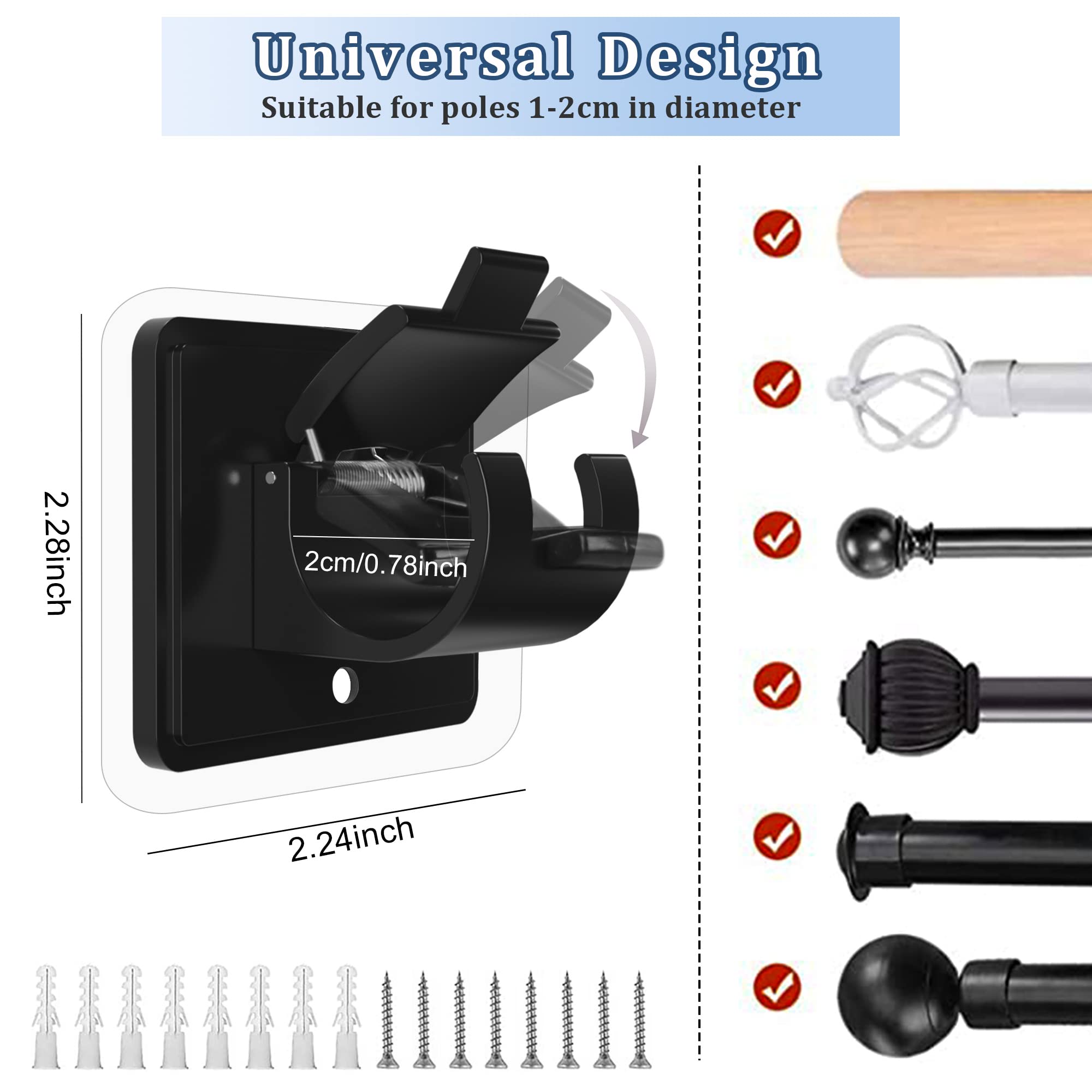 Sem hastes de cortina de perfuração, sem suporte de broca, suportes de haste de cortina, autoadesivos, sem pregos, ganchos ajustáveis ​​6 peças - 2