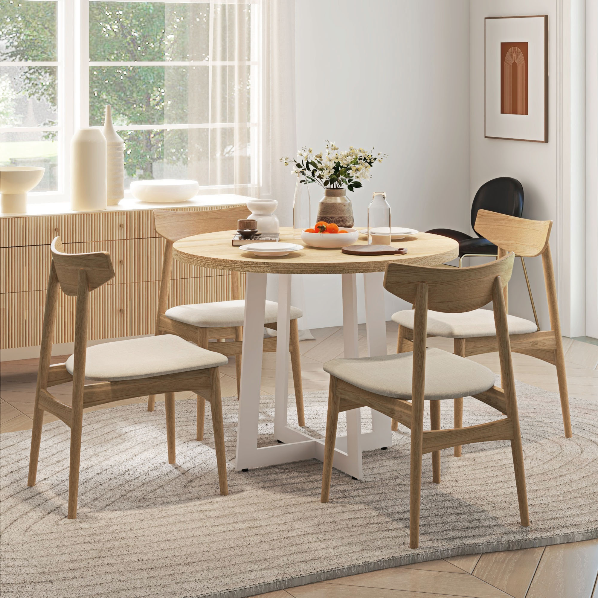 HOMCOM Tavolo da Pranzo Rotondo Moderno per 4 Persone, Ø100x75cm, Legno Naturale e Bianco - 2