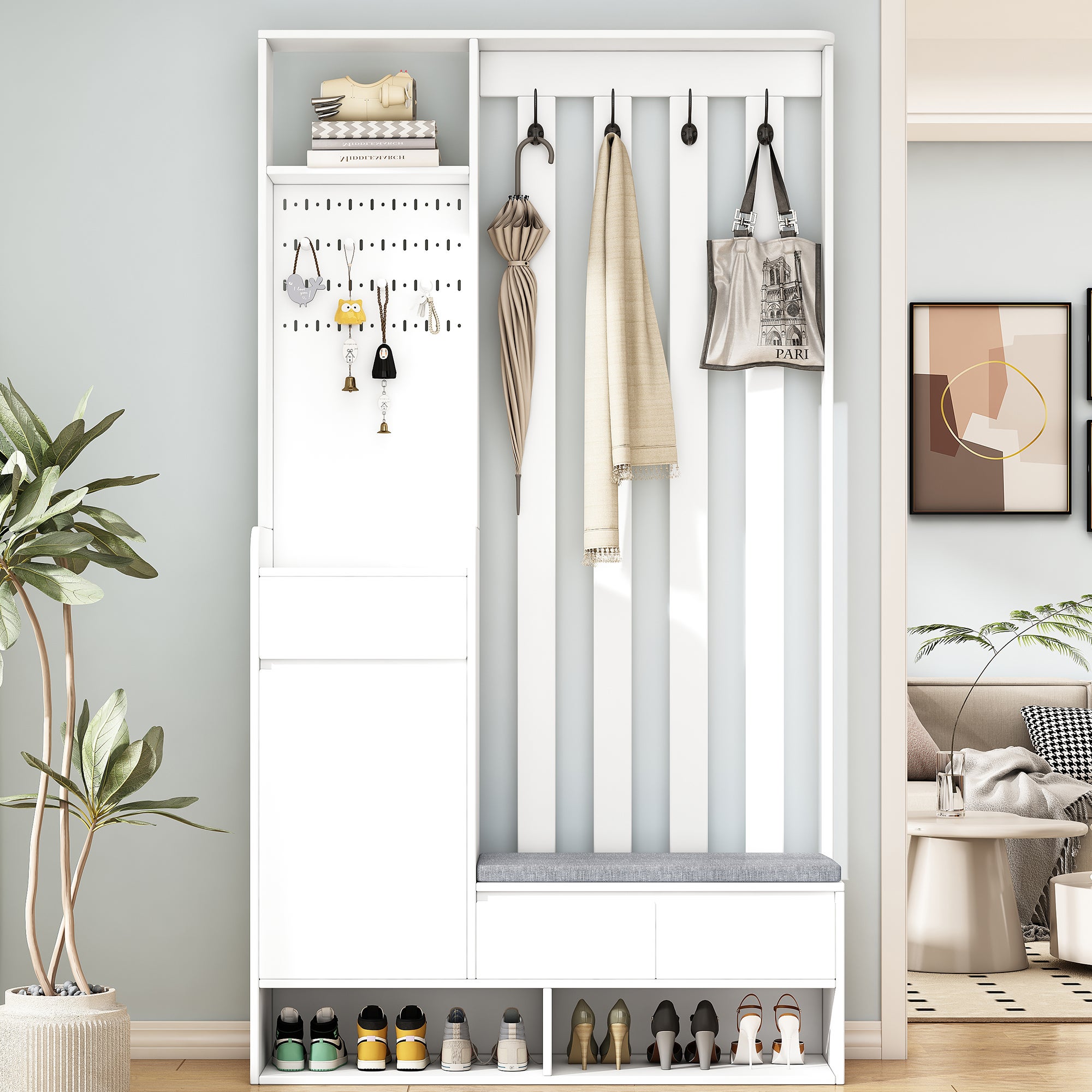 Vestiaire d'entrée multifonctionnel - avec porte-manteau et banc de rangement à chaussures - MDF - Blanc - 2