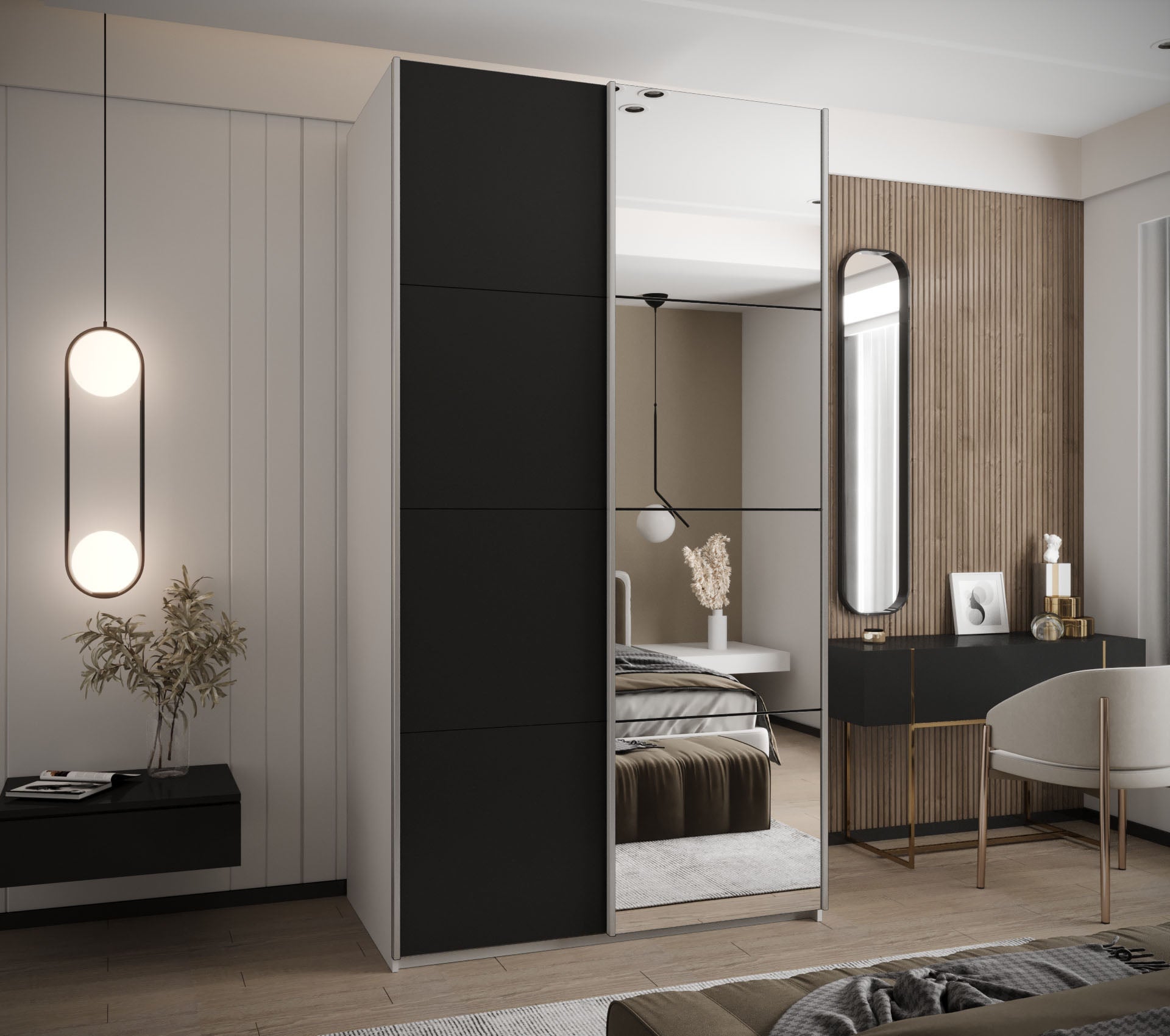 Szafa przesuwna wysoka Lux 3 130 x 64 x 245,5 cm biały + czarny + u. srebrny - Abiks Meble - 2