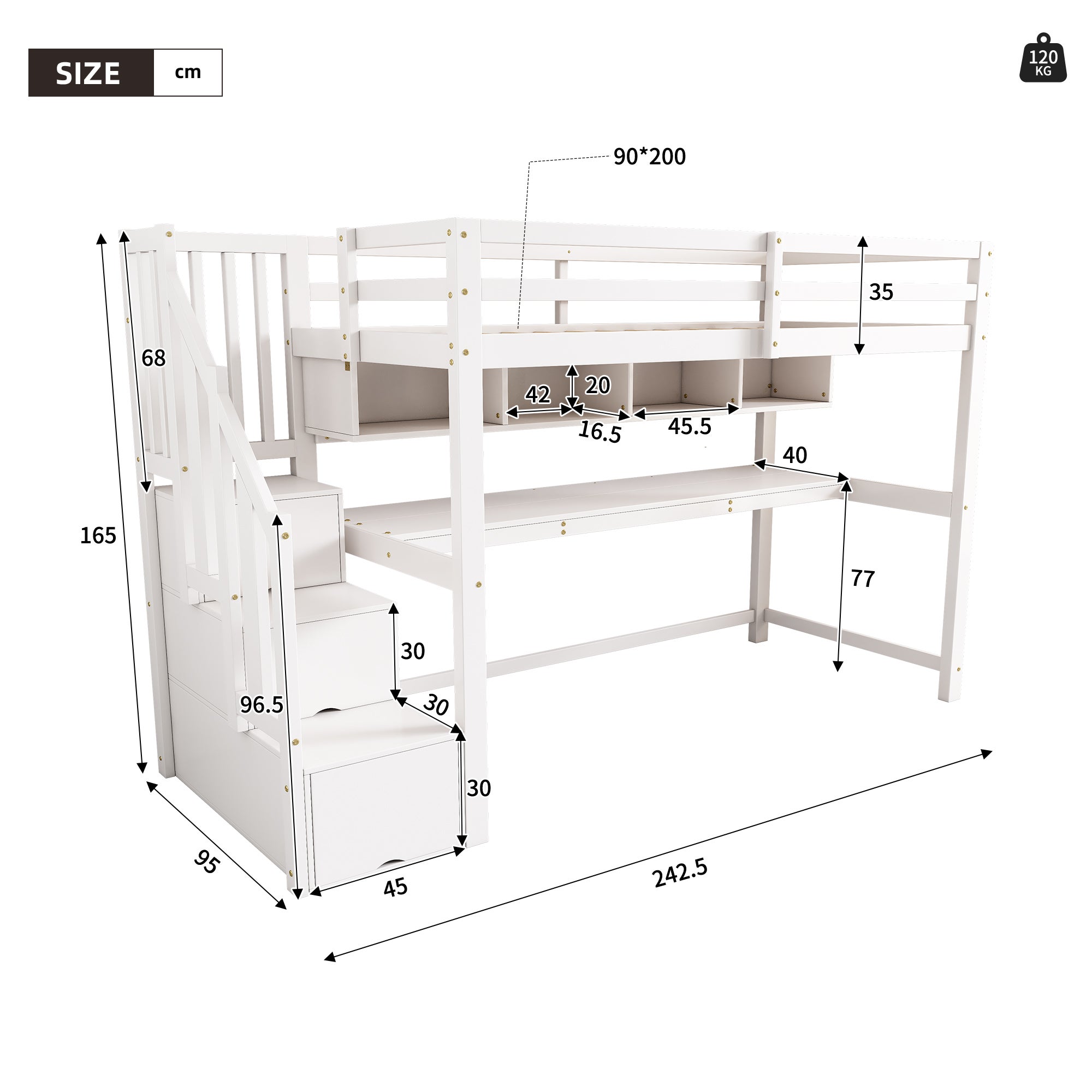 Łóżko piętrowe 90 x 200 cm z biurkiem i schowkami - lite drewno + płyta MDF - białe (materac nie jest wliczony w cenę)