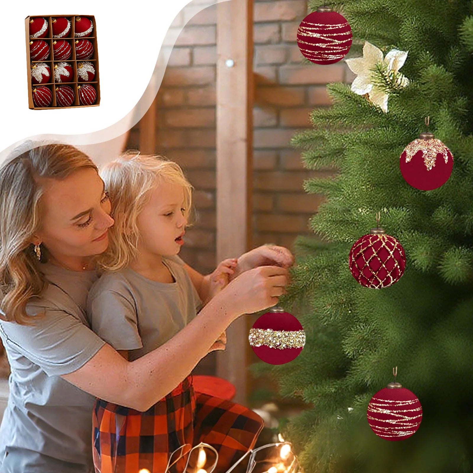 Lot de 12 boules de Noël floquées rouges, boules suspendues pour arbre de Noël, décoration de scène, décorations suspendues DIY, fête de fin d'année - 4