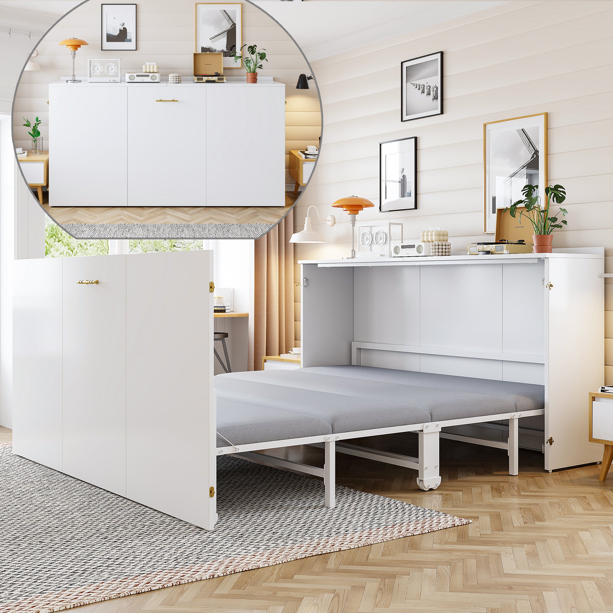 Łóżko chowane w ścianie 140 x 200 cm z materacem lnianym – Metal i drewno – Oszczędność miejsca dzięki składanemu systemowi z cichymi kółkami – Białe - 5
