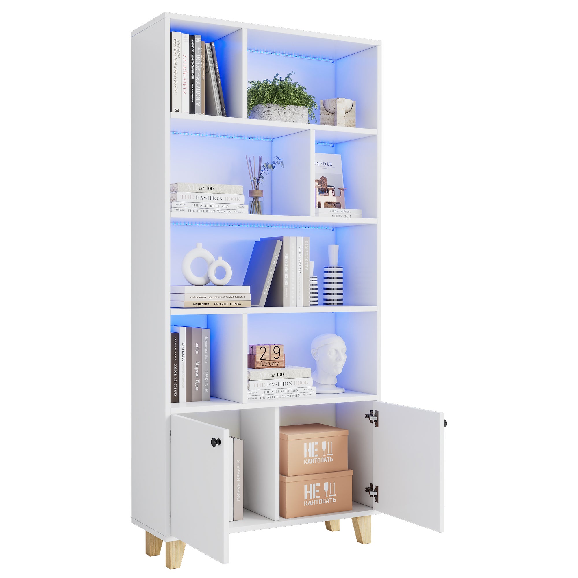 Librería con 2 puertas y compartimentos - 80 x 30 x 173 cm - LEDs - Patas de MDF y madera maciza - Blanco - 4