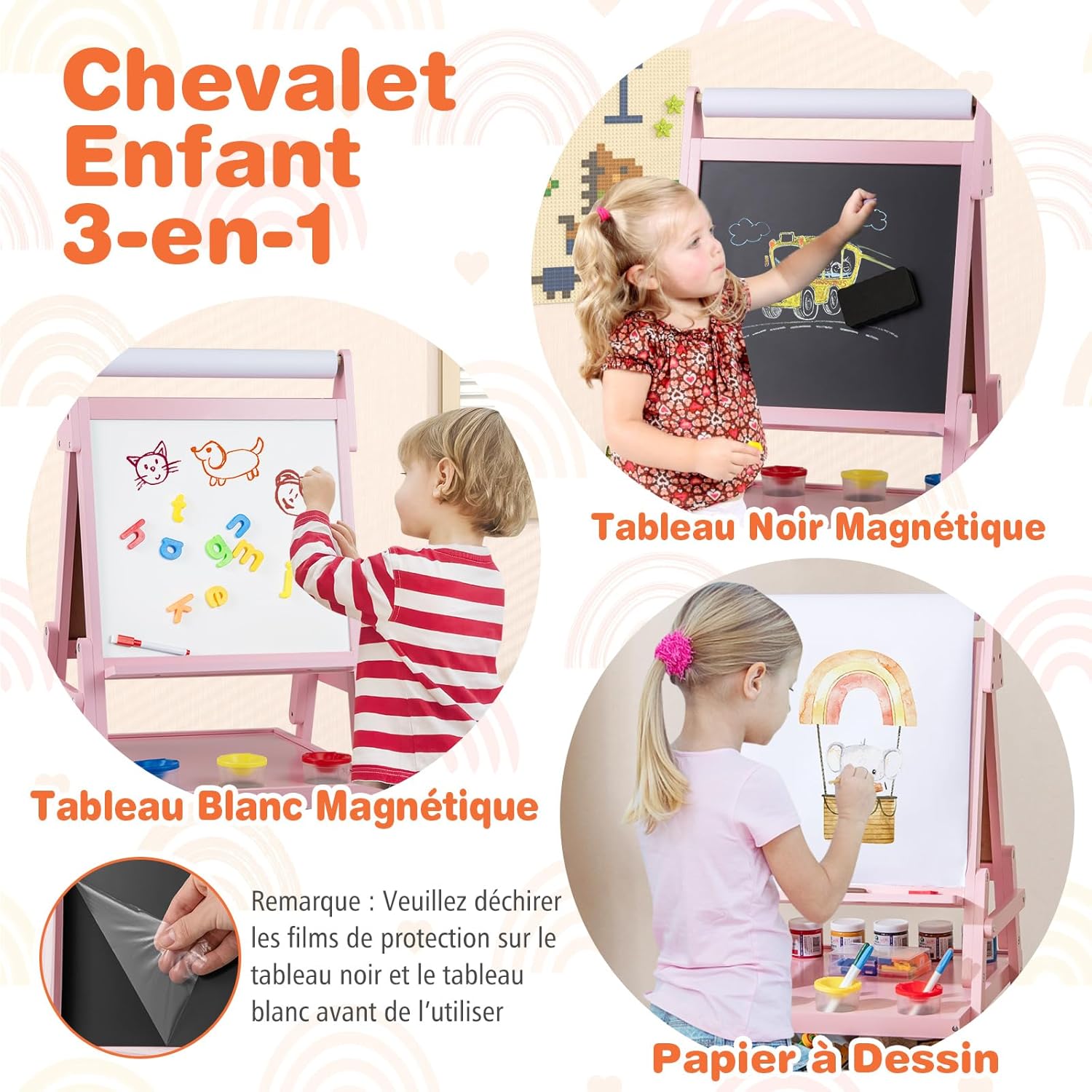 3 en 1 Chevalet d'Art Enfant avec Tableau Noir & Blanc Magnétique, Tableau Enfant Double Face avec Rouleau de Papier & 2 Bacs en Tissu (Rose) - 2