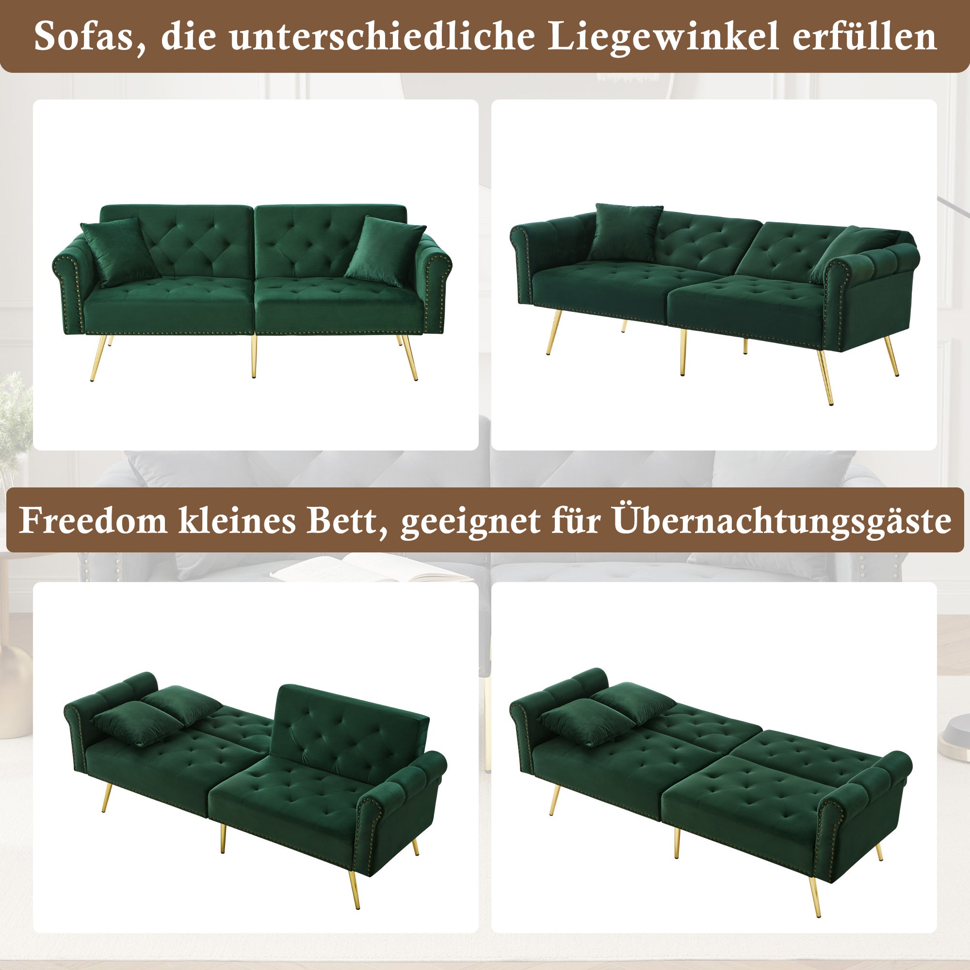 Divano letto a 2 posti in velluto - 173 x 75 x 70 cm - Gambe in metallo dorato - con funzione sleep - Verde antico - 5