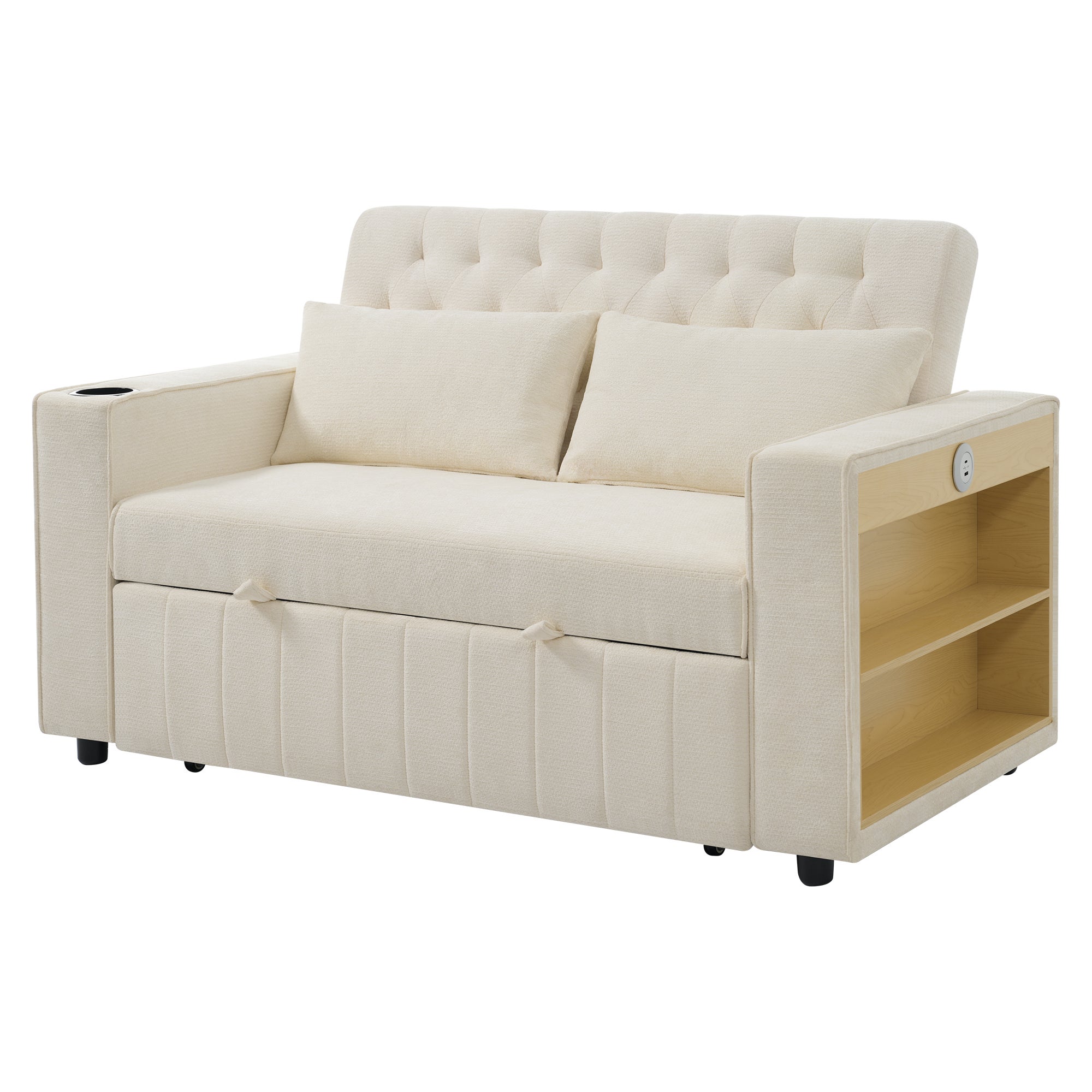 Canapé pliant moderne pour 2 personnes - avec porte-gobelets - avec ports de charge USB - avec coussins - tissu chenille - beige - 7