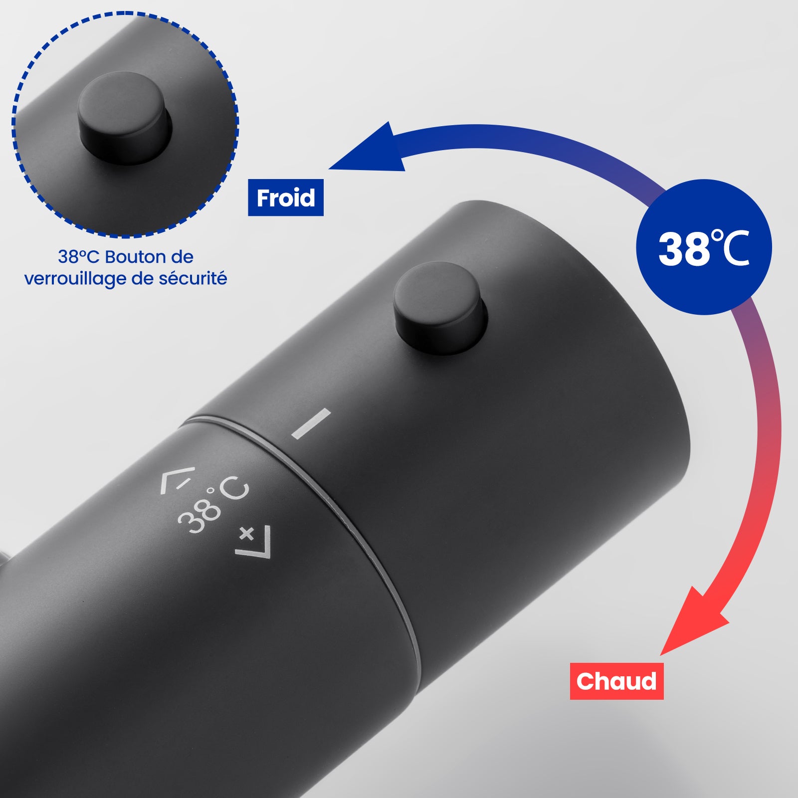 Mitigeur Thermostatique Robinet Douche, Thermostatique de Douche Murale avec Serrure Sécurité 38 ℃ Mitigeur pour Douche ,Noir - 3