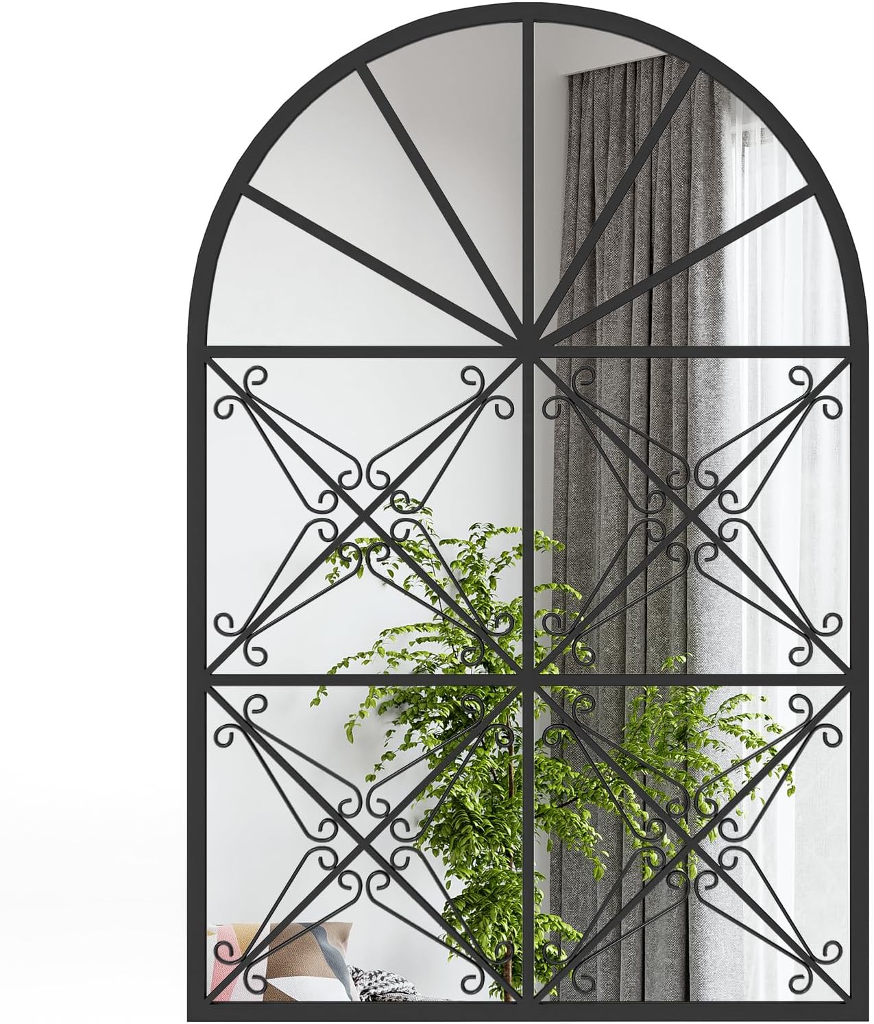 Espejo pared de ventana arqueado, 58 x 87 cm, espejo decorativo con marco de metal, espejo colgante para decoración de ventana para salón, chi