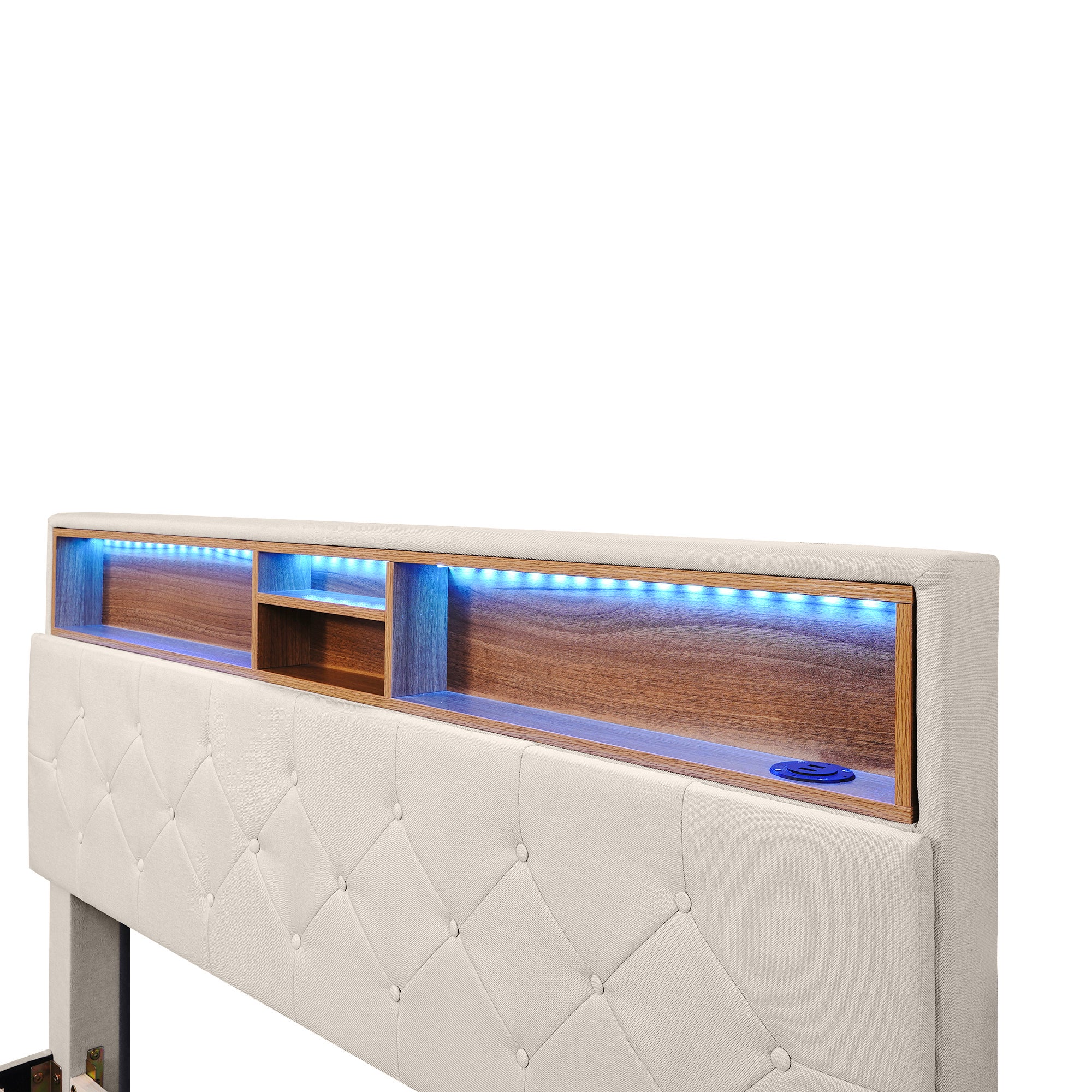 Lit Double Rembourré 140 X 200 cm 2 Tiroirs Avec Espace De Rangement - Tête De Lit Avec Chargement Usb et LED - Beige - 5