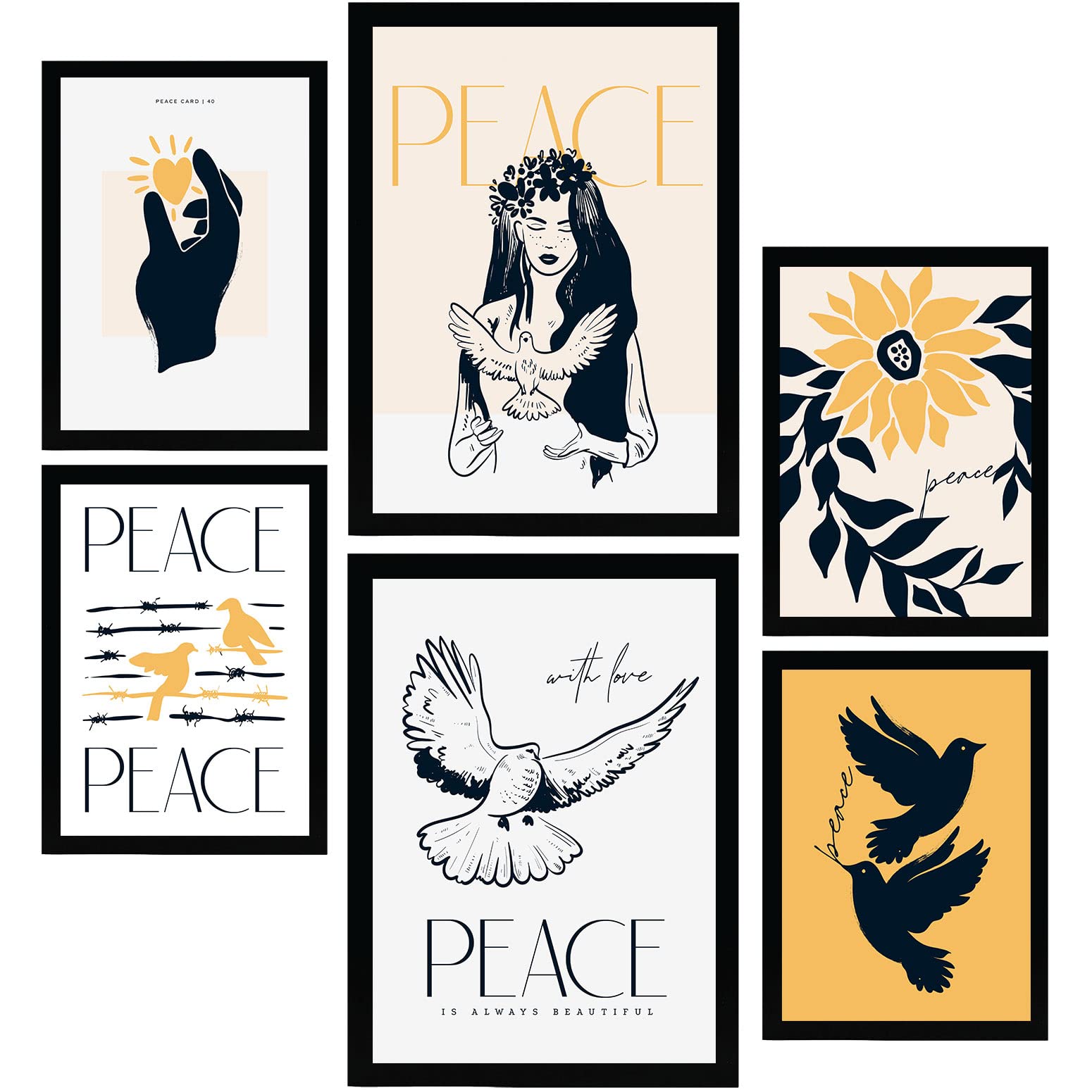 Nacnic set de 6 posters en tinta negra paz y amor láminas artísticas del mar y océano para el diseño y tamaños a3 & a4 marco negro