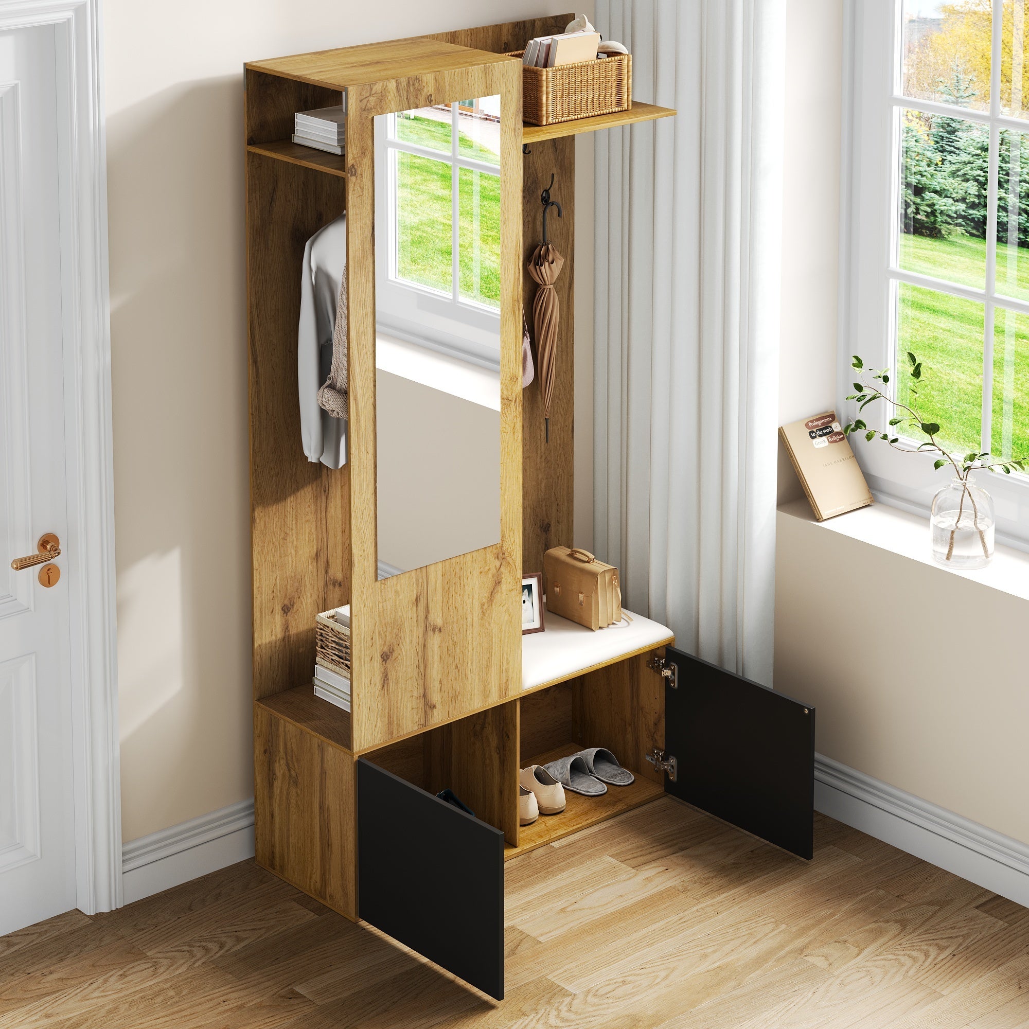 Hall D'entrée Élégant avec Miroir Secret & Banc - 5 Porte-Manteaux, Placard Chaussures (8-10 paires) - Noir/Bois - 191x100x38 cm - 4