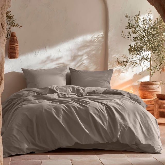 Housse de couette uni 100% coton avec taie d'oreiller 180x220 + 45x125cm coloris Gris