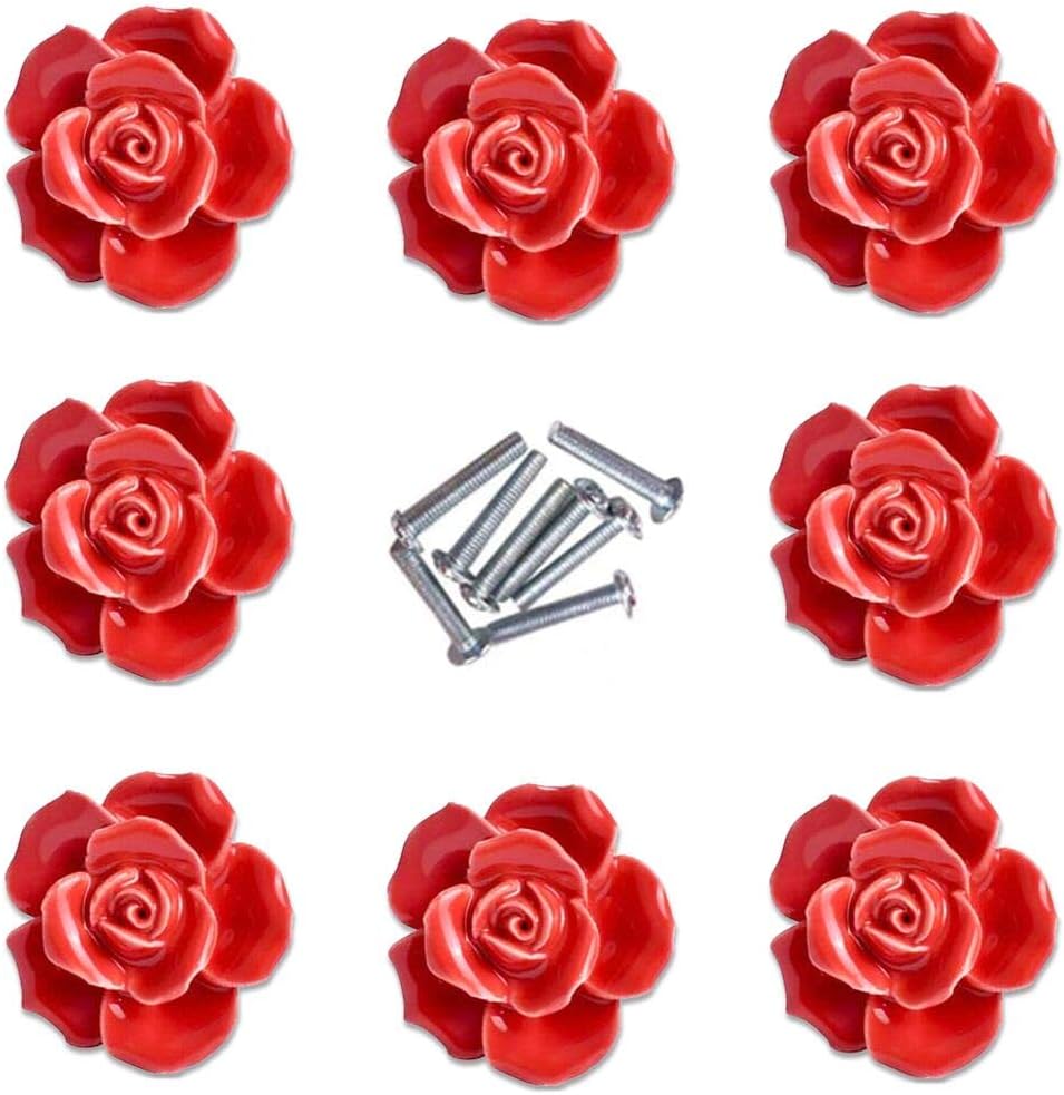 Zestaw 8 eleganckich ceramicznych uchwytów meblowych z wzorem czerwonej róży