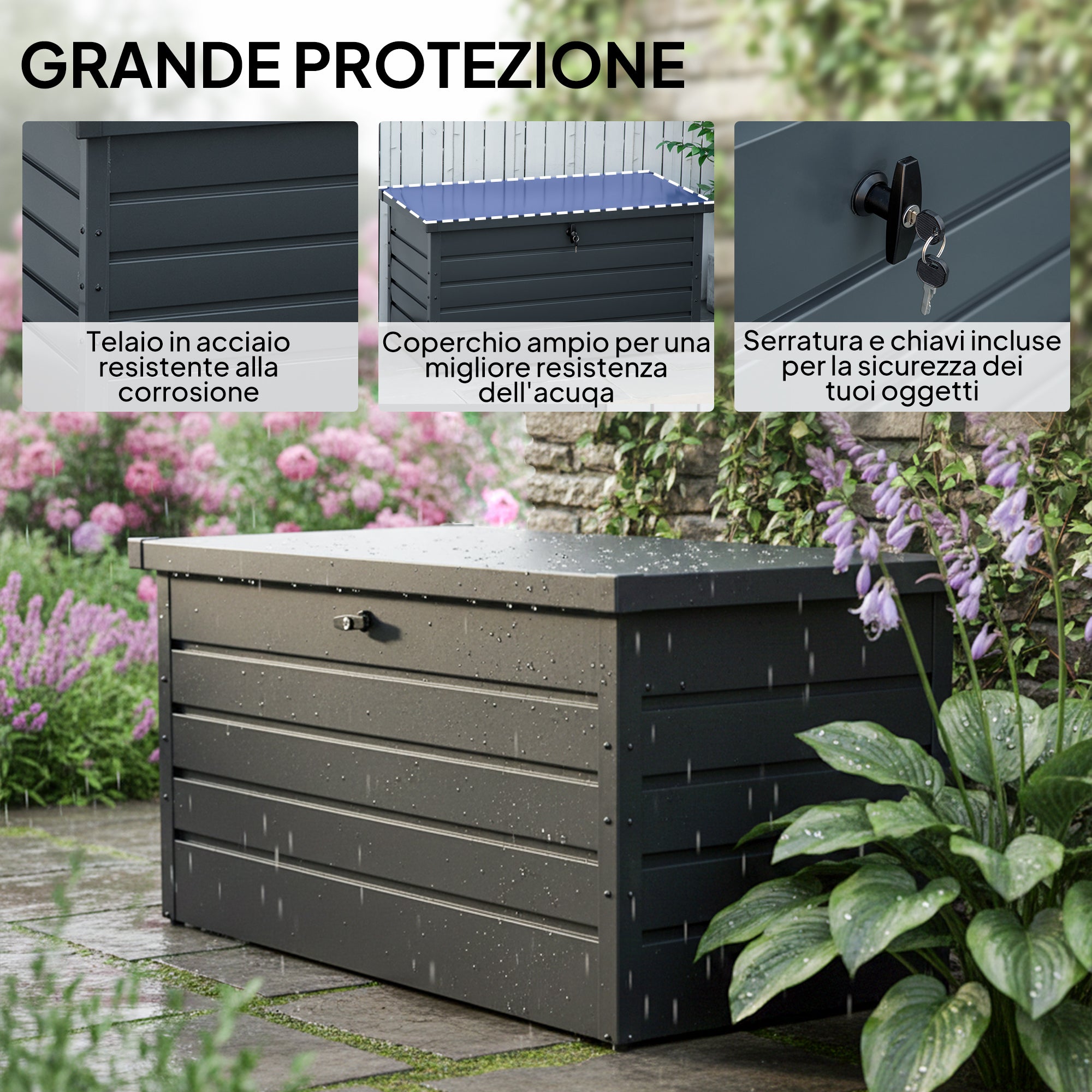 Outsunny Panca Baule Contenitore da Giardino con Chiave, Cassapanca Moderna in Acciaio, Grigio, 120x62x62cm - 6