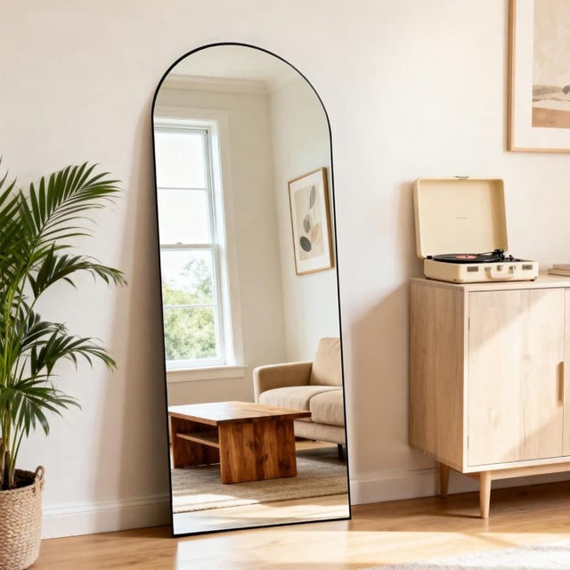 Espelho curvo de pé, 165 x 54 cm, estrutura em liga de alumínio, vidro temperado, para quarto, sala, closet, preto