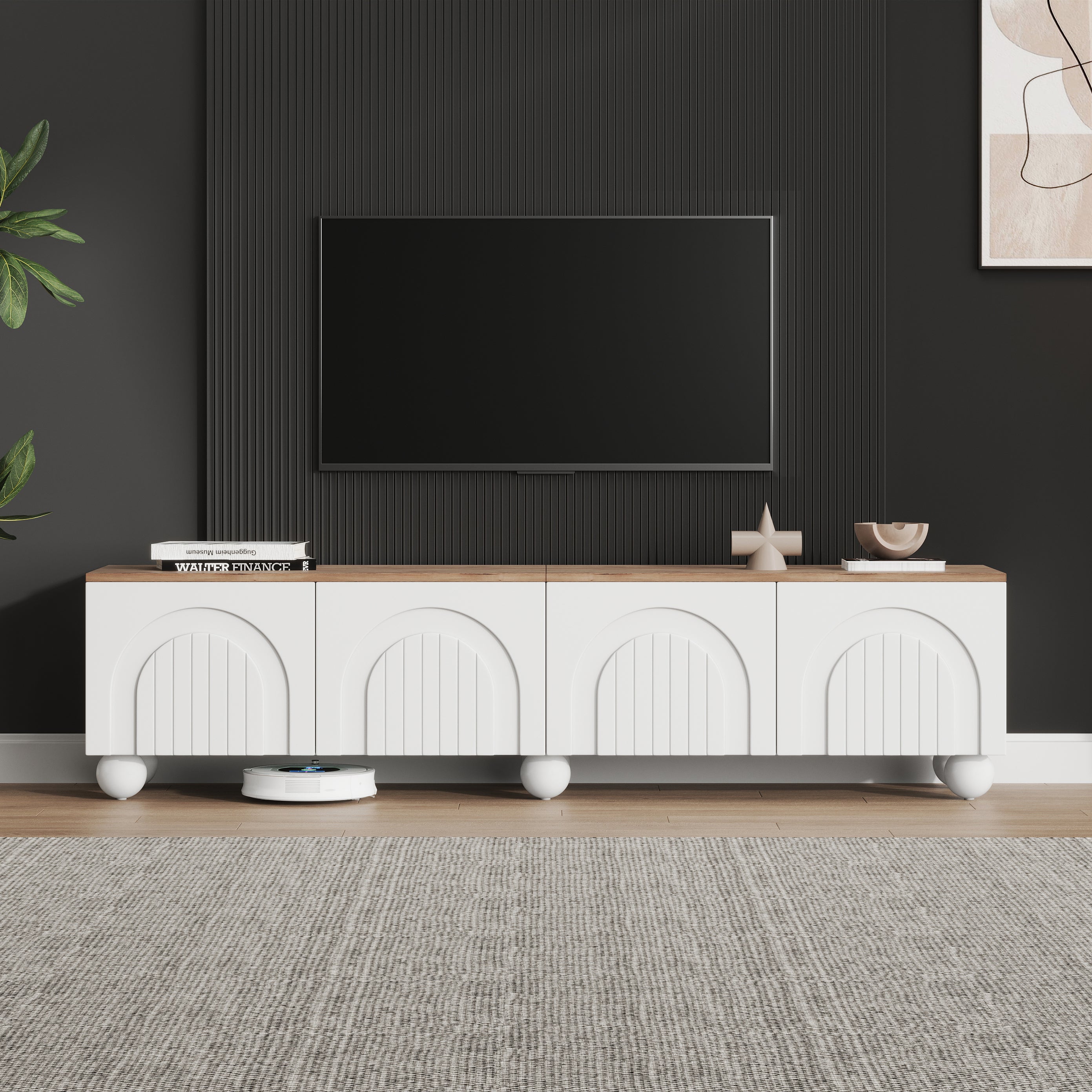Meuble TV avec 4 portes pour tv 80 pouces - 180 x 40 x 45 cm - MDF - pour salon ou chambre - Blanc + Chêne - 5