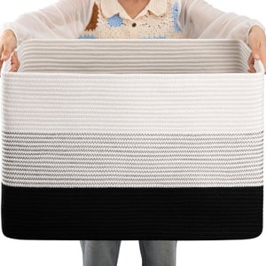 Boensi Grande Cesto Portacoperte In Corda Di Cotone 54x43x30 Cm - Contenitore Rettangolare Per Giocattoli E Vestiti