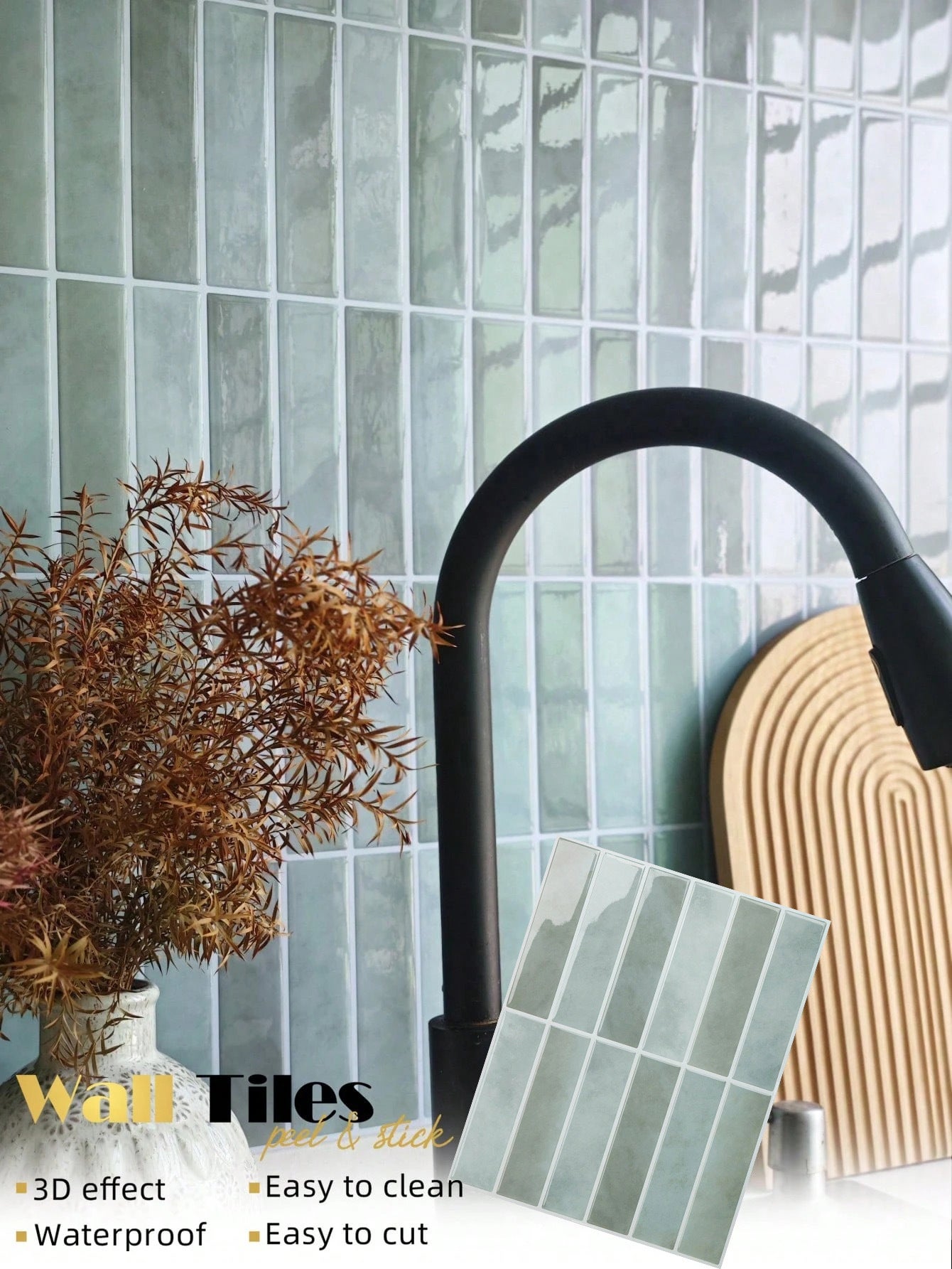 12 bandes adhésives imperméables et résistantes à l'huile pour carreaux de céramique Autocollants rétro pour sols et murs SCQ2010-7（23x29cm） - 3