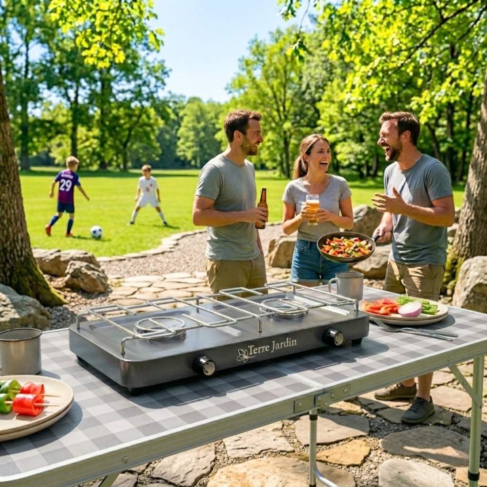 Réchaud de camping 2 feux gaz anthracite 42 × 22 cm avec couvercle pliable Terragaz - 8