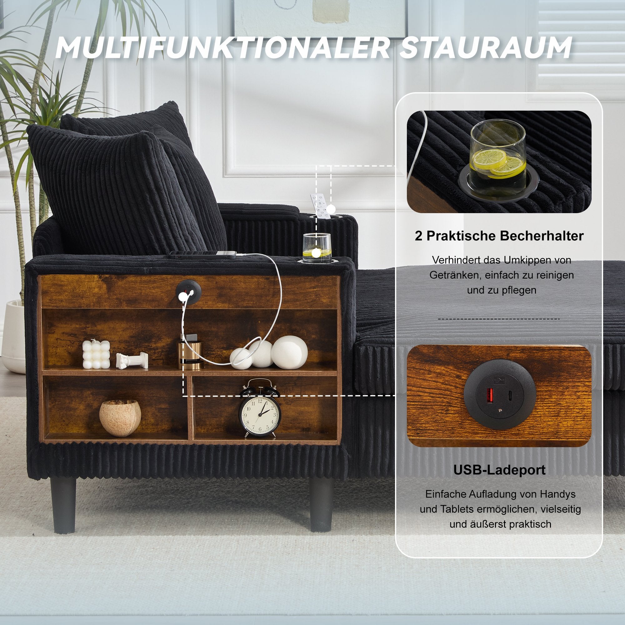 Canapé longue multifonction en velours côtelé avec LED port USB porte-gobelets, rangement, poche latérale 3 coussins salon maison - 6
