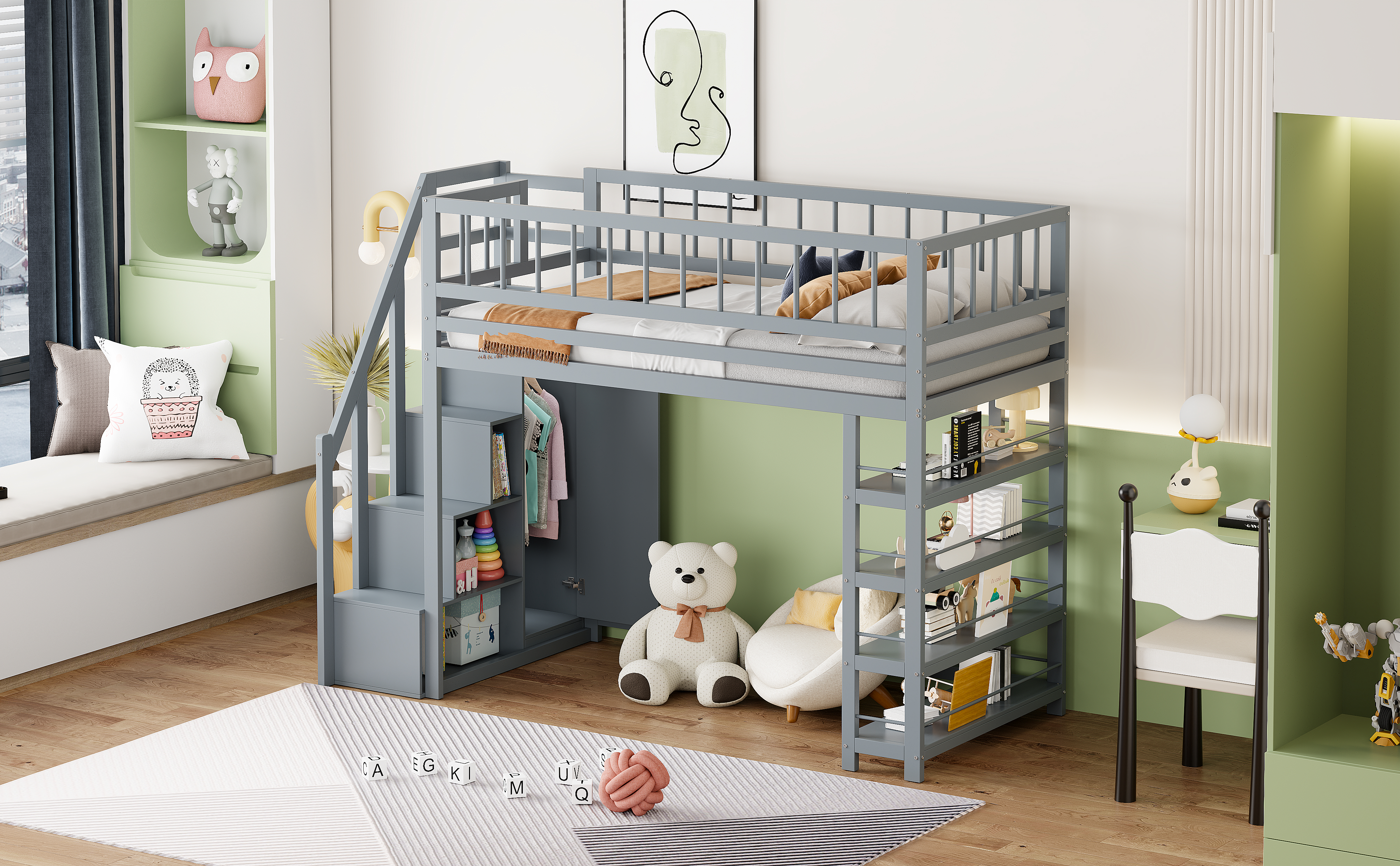 Letto a soppalco 90 x 200, ripiani e spazio di archiviazione con scala di sicurezza, letto in legno massello, grigio - 7