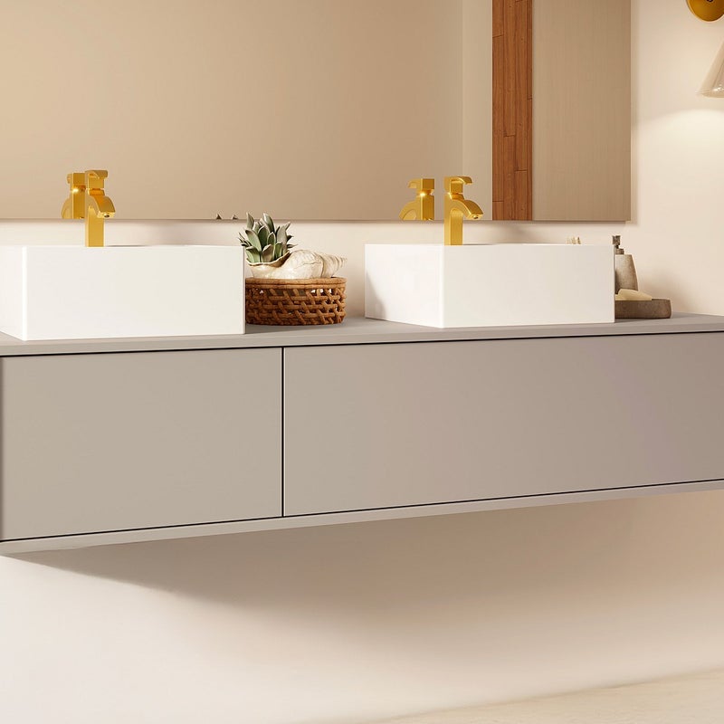 Szafka łazienkowa wisząca w kolorze beżowym z podwójną kwadratową umywalką - L150 cm - ISAURE II