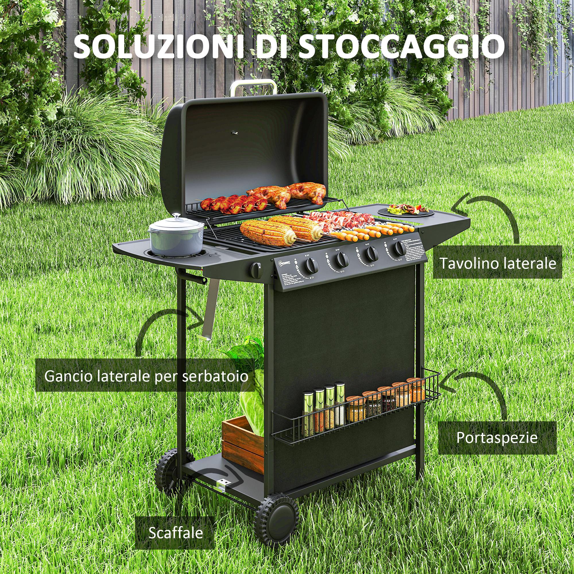 Outsunny Barbecue a Gas con 4+1 Bruciatori Indipendenti e Coperchio con Termometro, 121x54x97 cm, Nero - 6